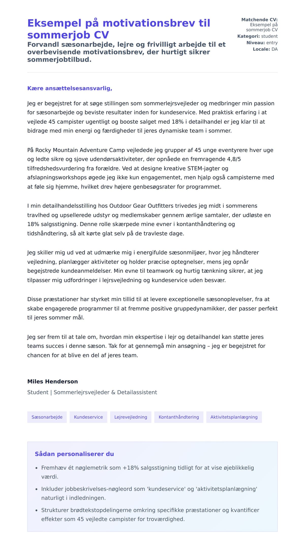 Ansøgningsbrev forhåndsvisning for Eksempel på motivationsbrev til sommerjob CV