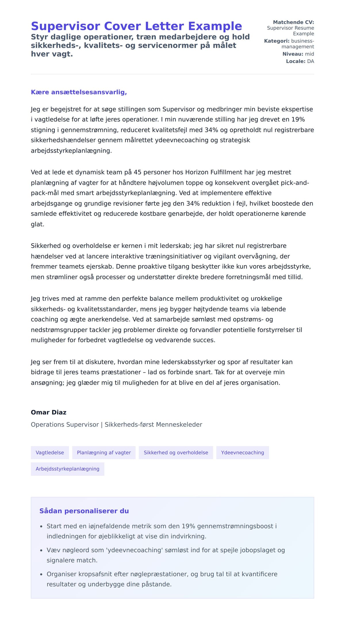 Ansøgningsbrev forhåndsvisning for Supervisor Cover Letter Example