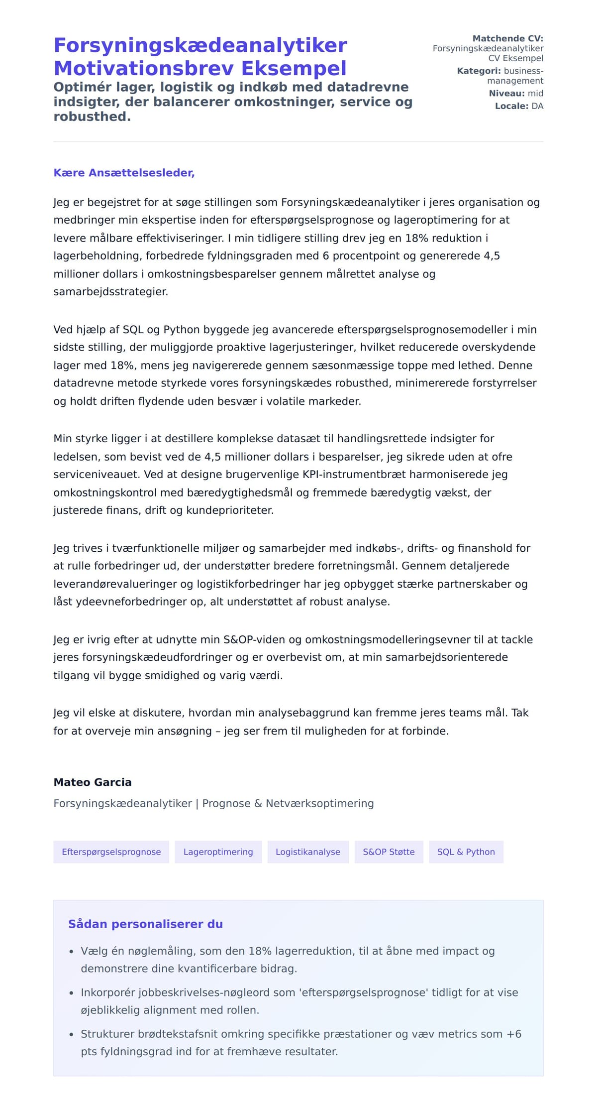 Ansøgningsbrev forhåndsvisning for Forsyningskædeanalytiker Motivationsbrev Eksempel