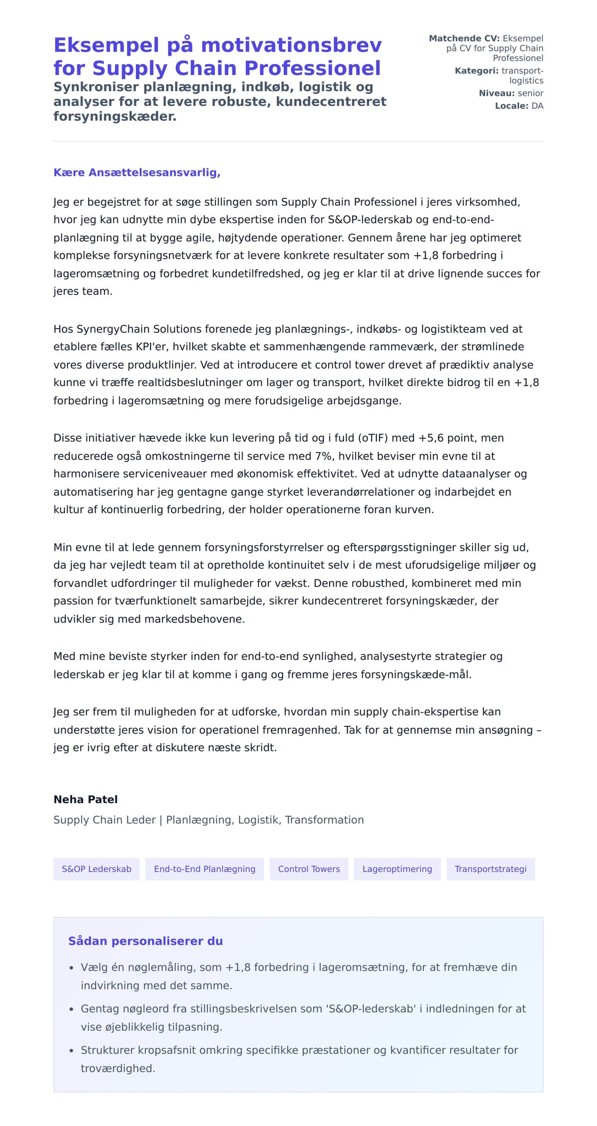 Ansøgningsbrev forhåndsvisning for Eksempel på motivationsbrev for Supply Chain Professionel