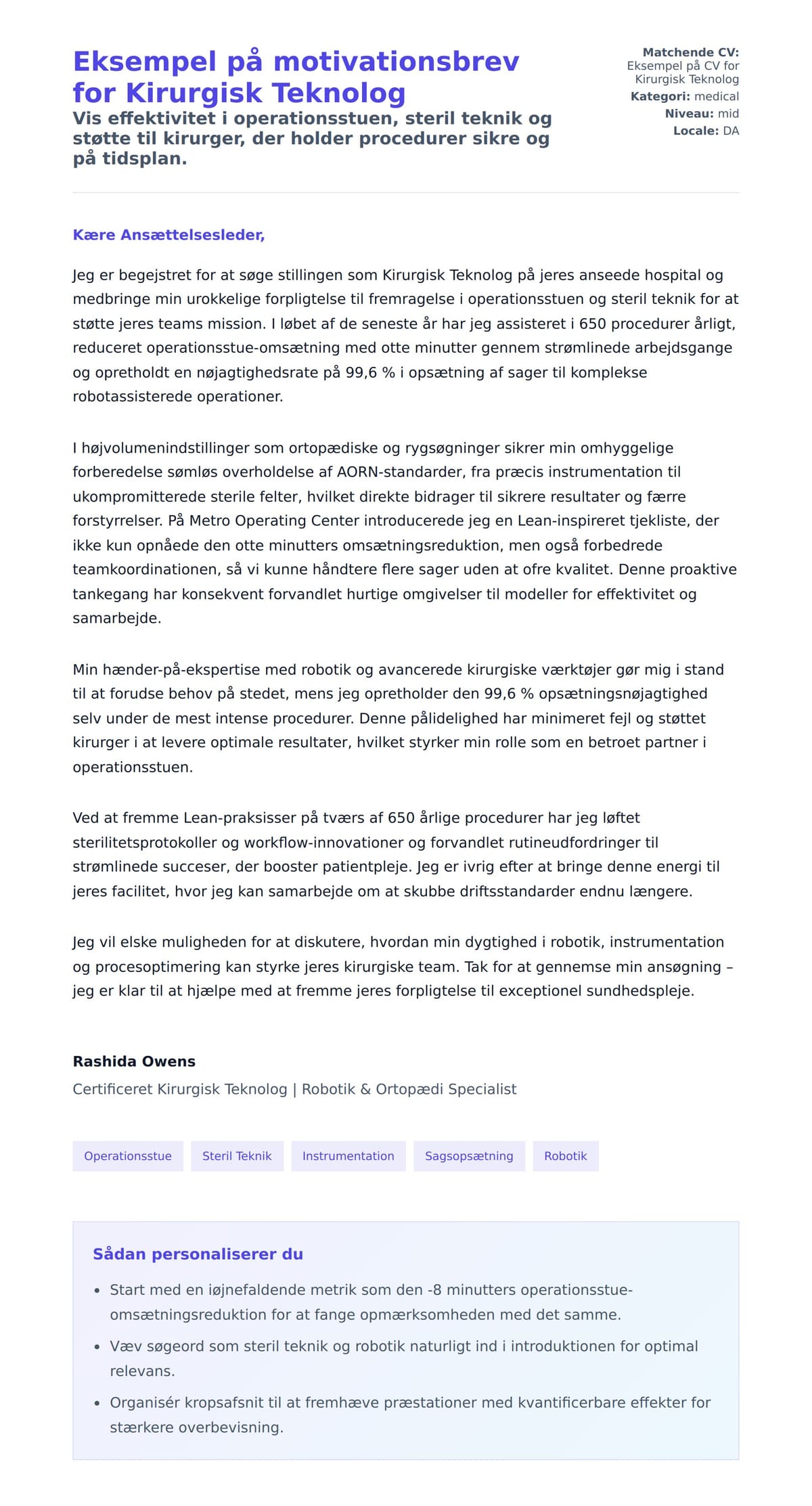 Ansøgningsbrev forhåndsvisning for Eksempel på motivationsbrev for Kirurgisk Teknolog