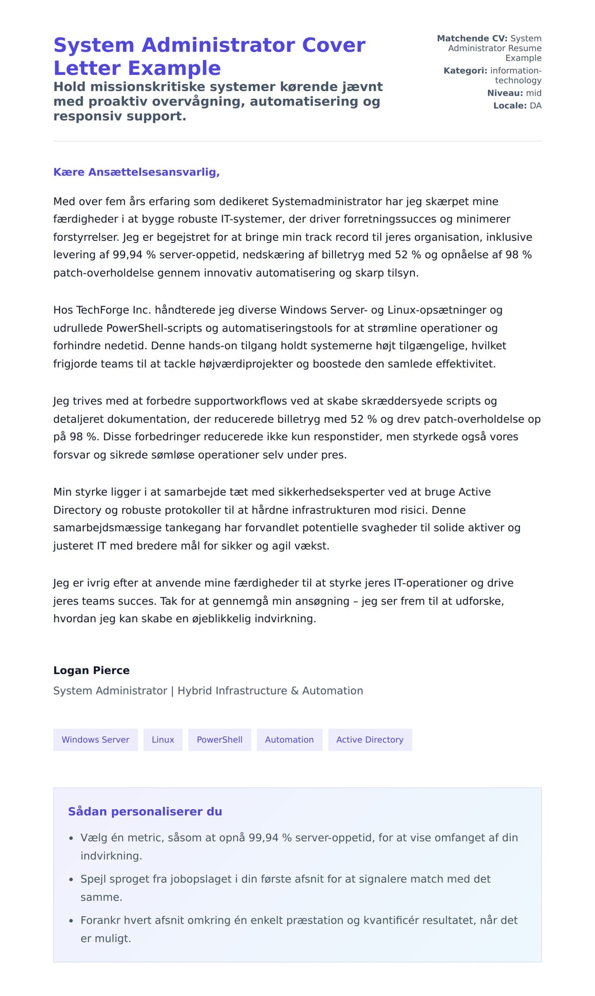 Ansøgningsbrev forhåndsvisning for System Administrator Cover Letter Example