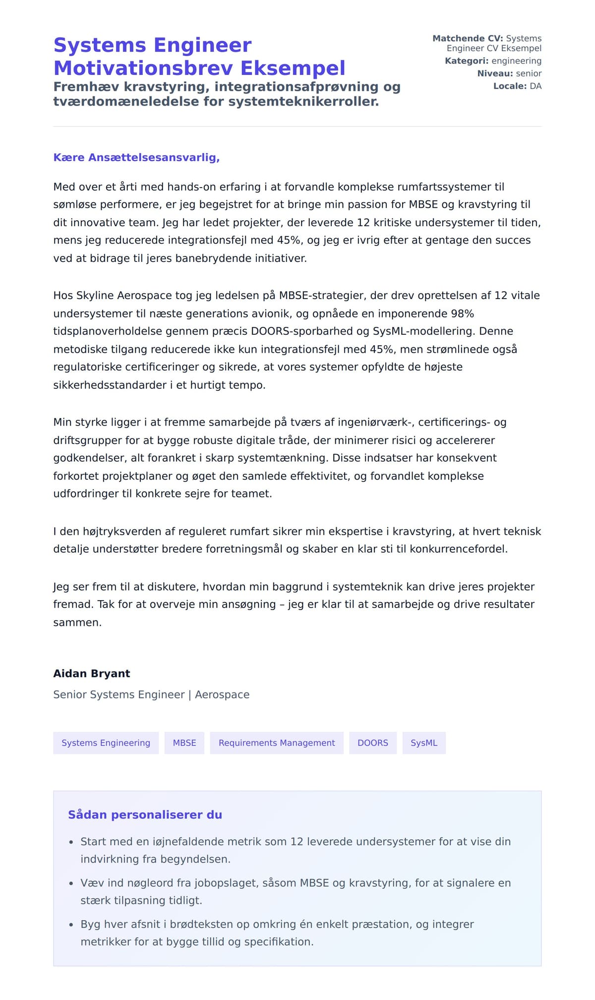 Ansøgningsbrev forhåndsvisning for Systems Engineer Motivationsbrev Eksempel