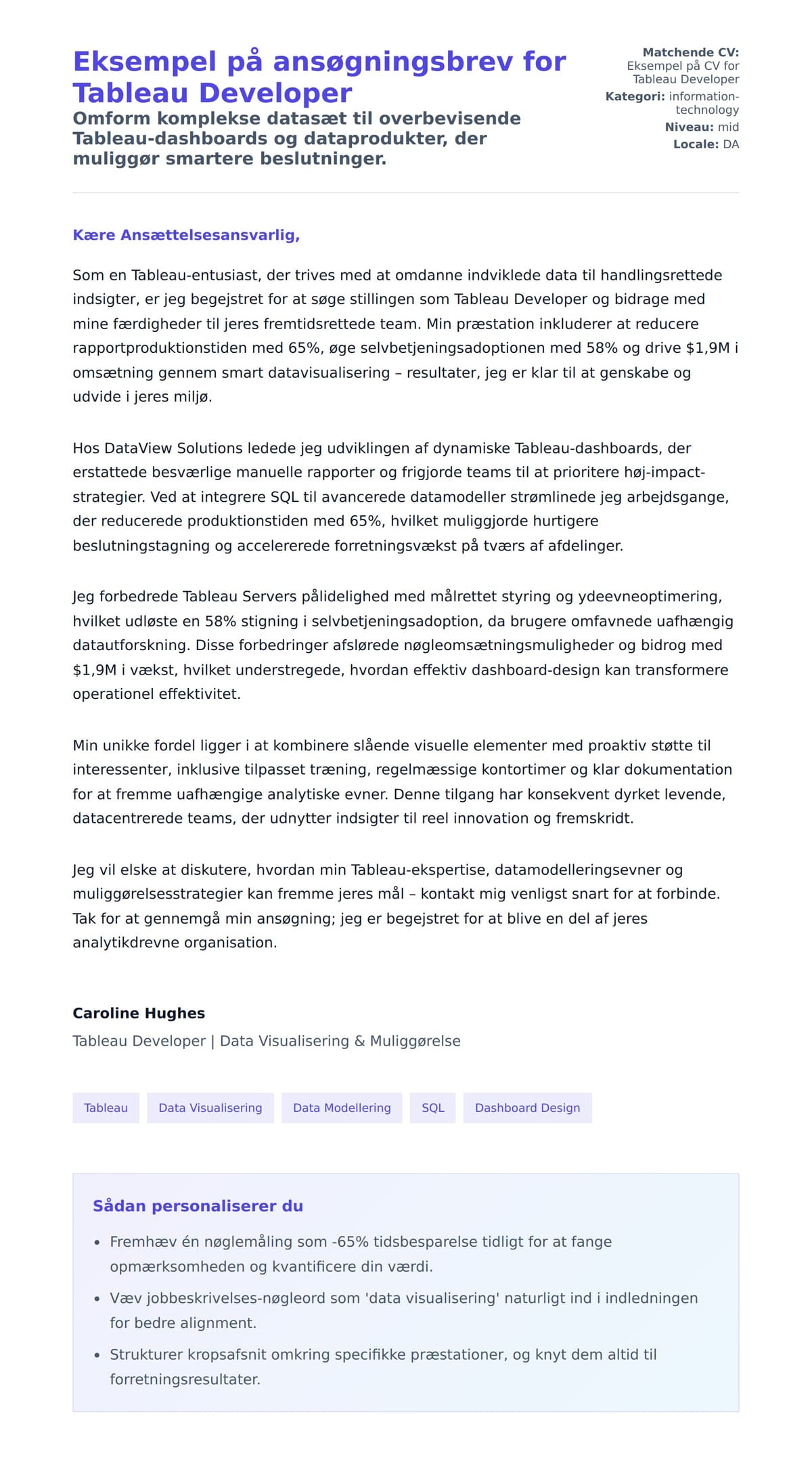 Ansøgningsbrev forhåndsvisning for Eksempel på ansøgningsbrev for Tableau Developer