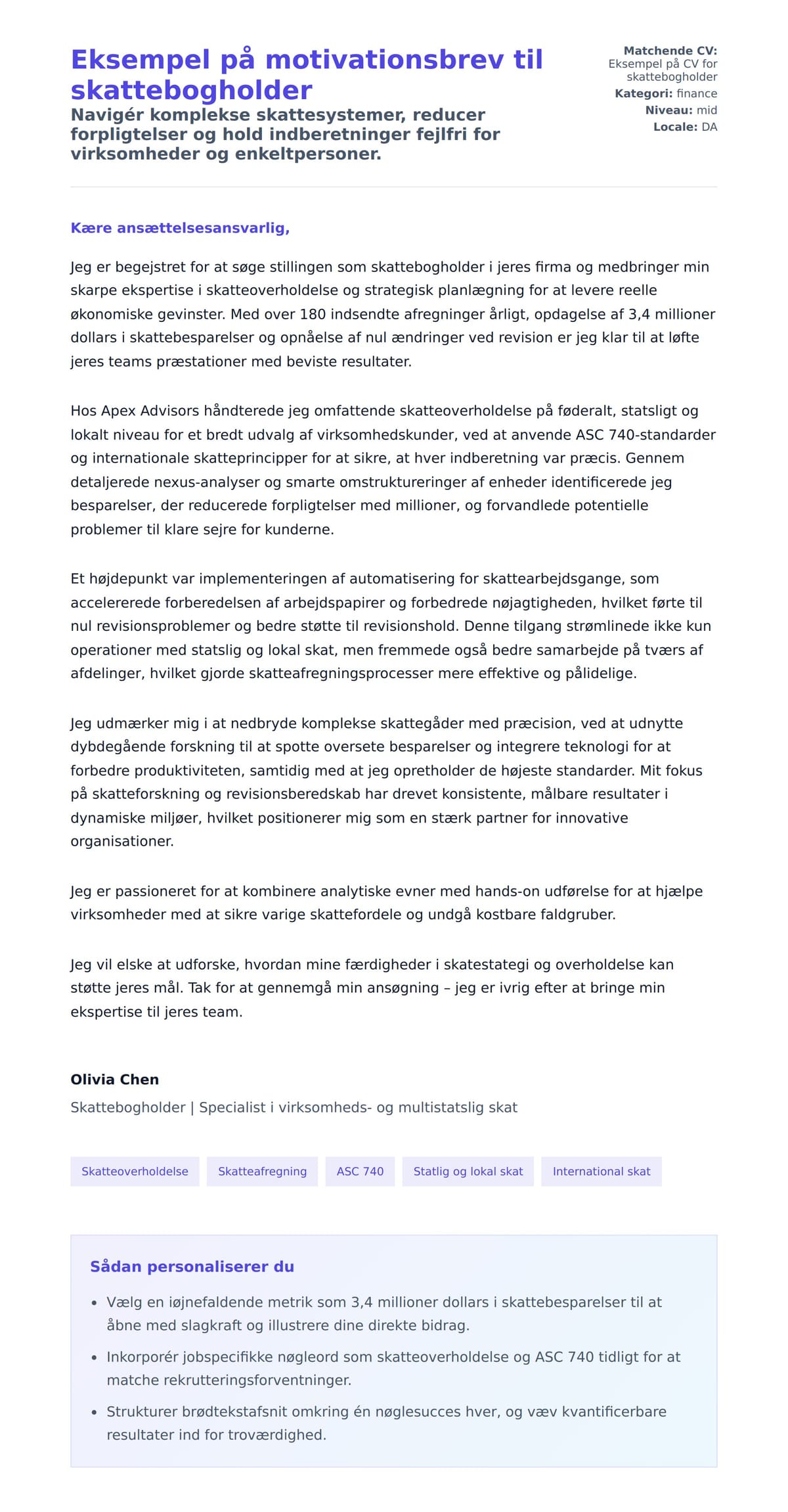 Ansøgningsbrev forhåndsvisning for Eksempel på motivationsbrev til skattebogholder