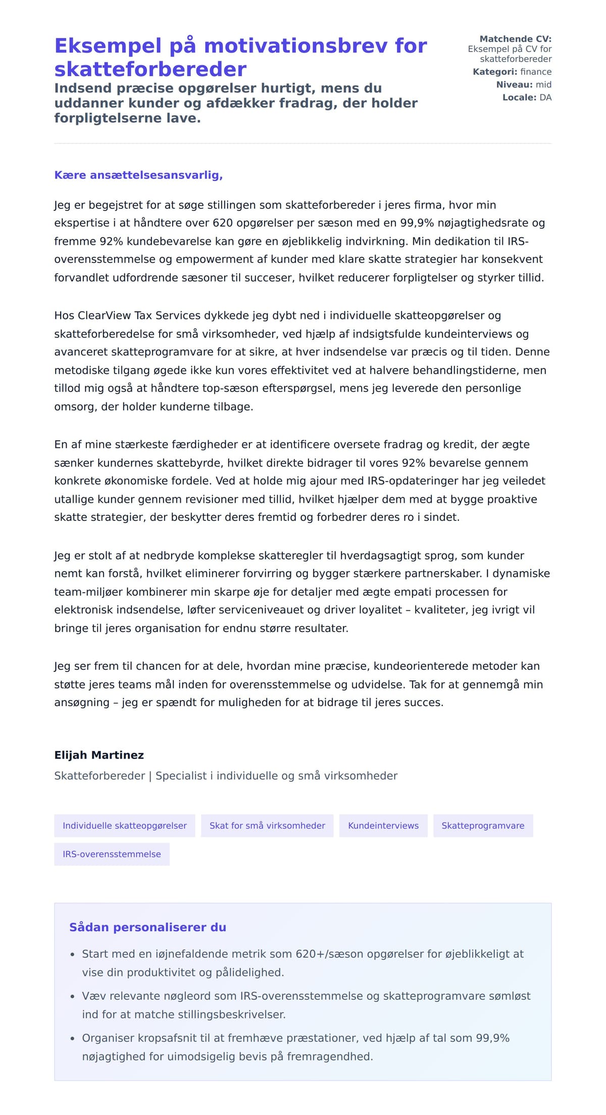 Ansøgningsbrev forhåndsvisning for Eksempel på motivationsbrev for skatteforbereder