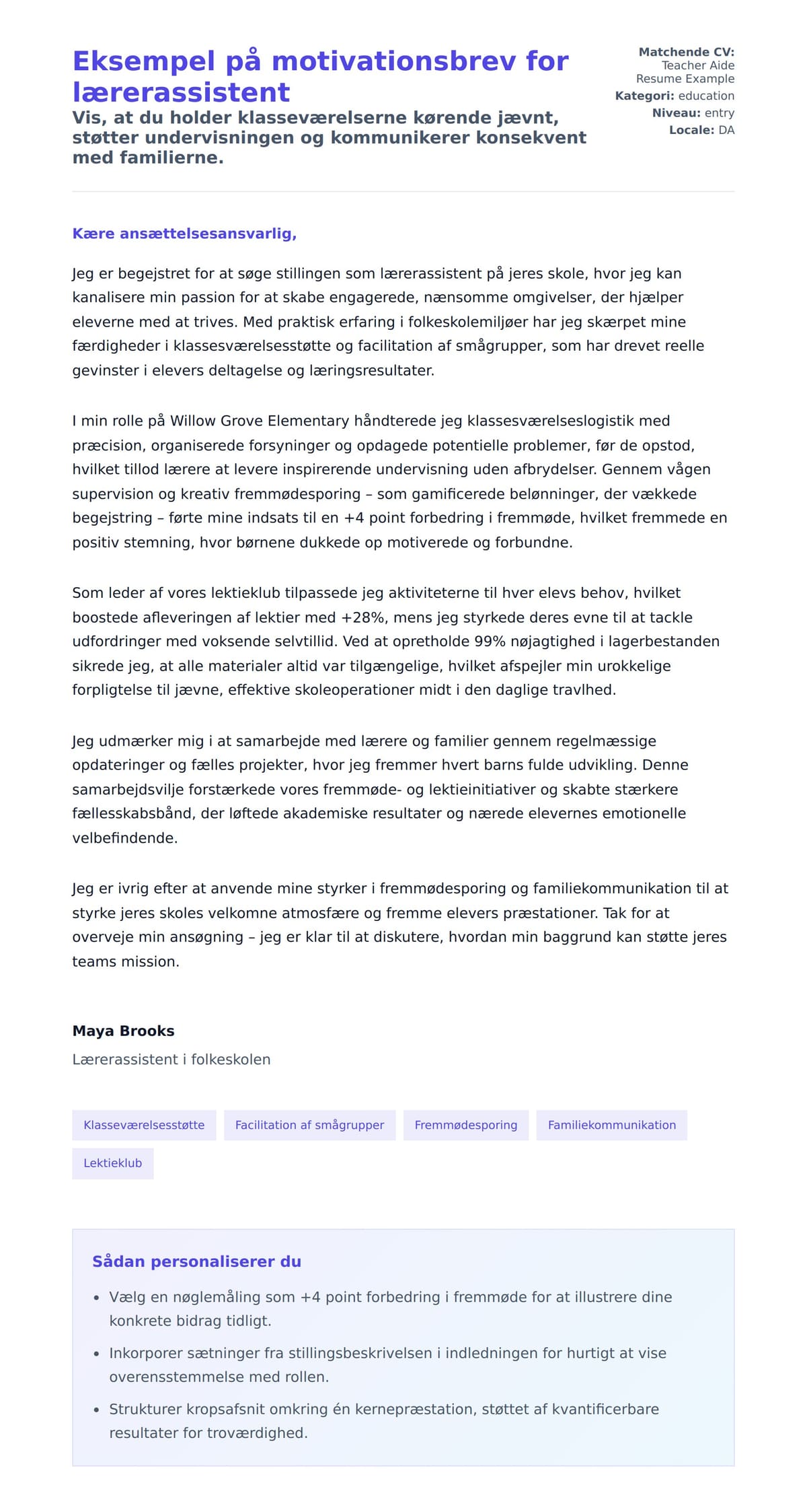 Ansøgningsbrev forhåndsvisning for Eksempel på motivationsbrev for lærerassistent