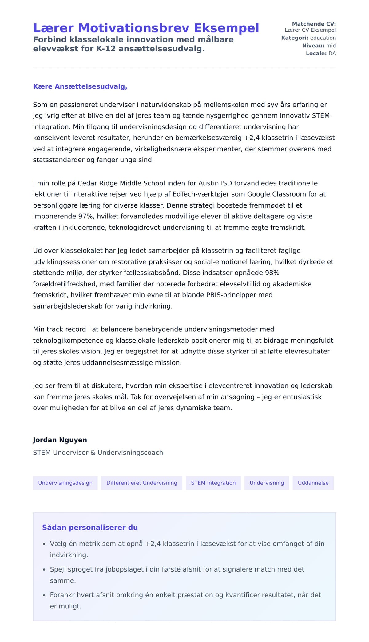 Ansøgningsbrev forhåndsvisning for Lærer Motivationsbrev Eksempel