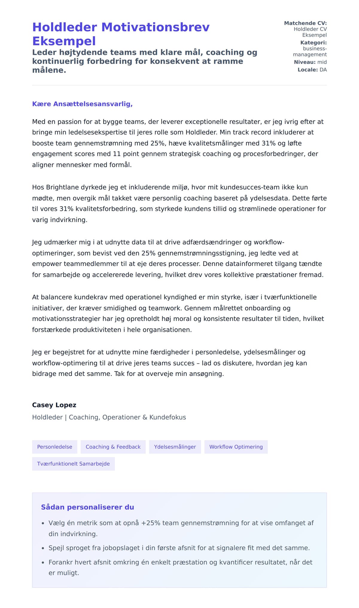 Ansøgningsbrev forhåndsvisning for Holdleder Motivationsbrev Eksempel