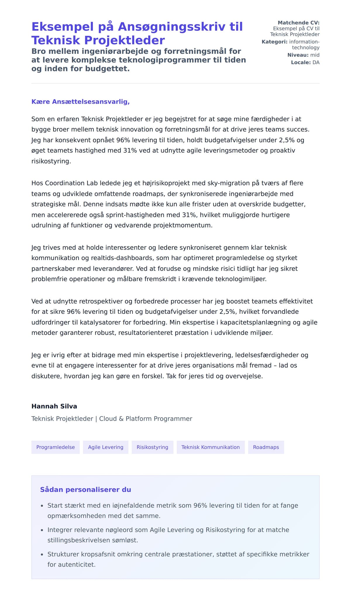 Ansøgningsbrev forhåndsvisning for Eksempel på Ansøgningsskriv til Teknisk Projektleder