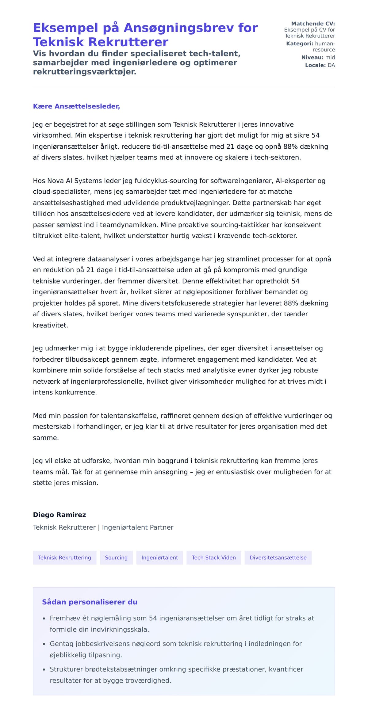 Ansøgningsbrev forhåndsvisning for Eksempel på Ansøgningsbrev for Teknisk Rekrutterer