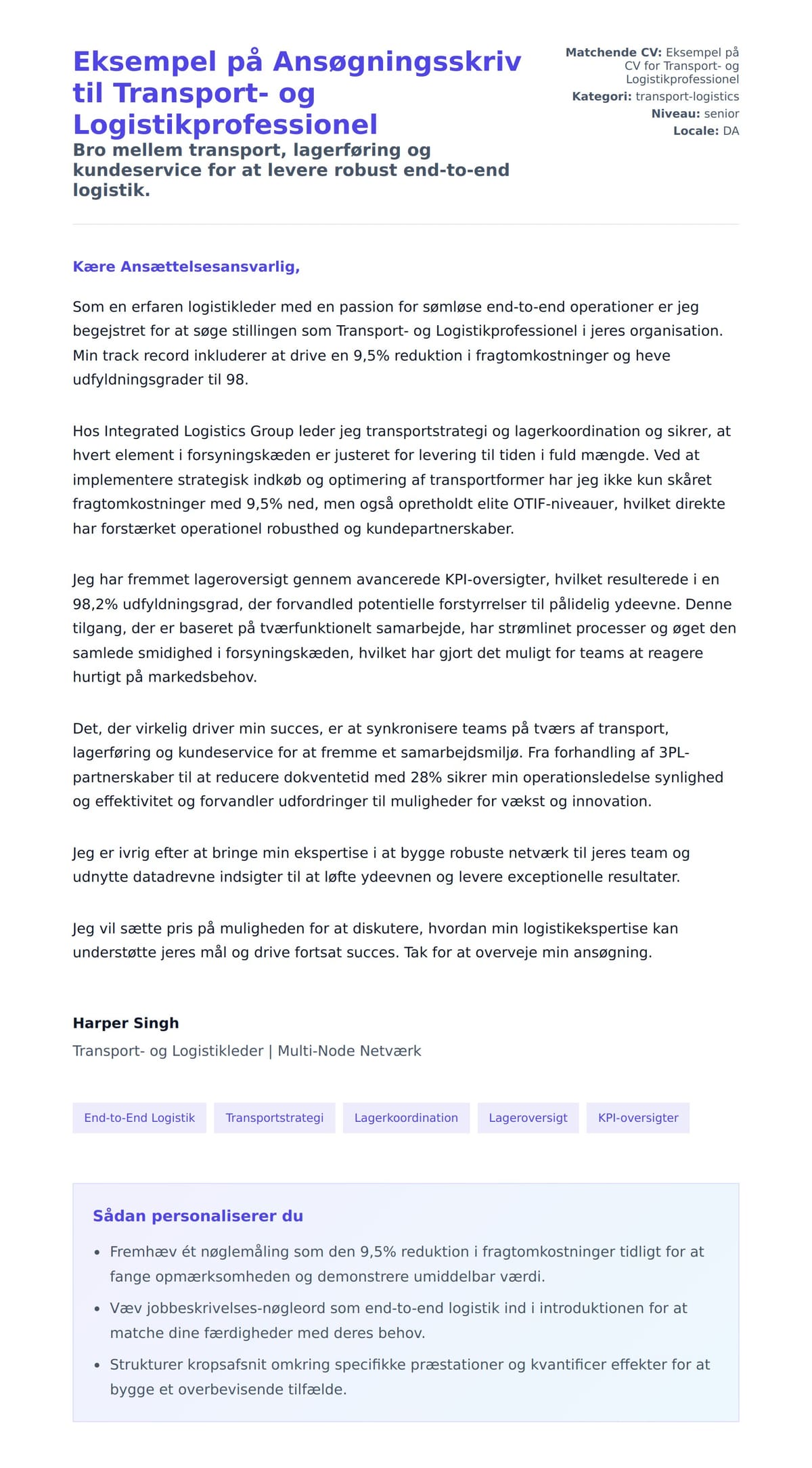 Ansøgningsbrev forhåndsvisning for Eksempel på Ansøgningsskriv til Transport- og Logistikprofessionel