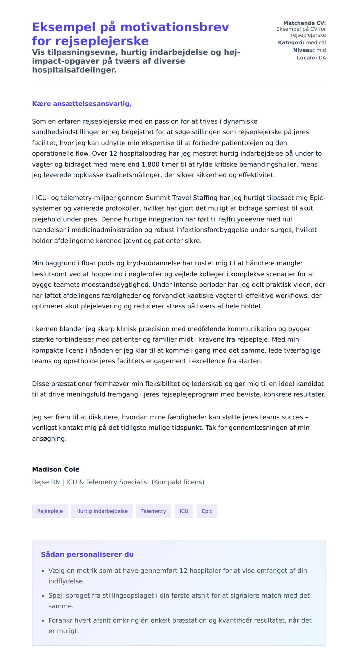 Ansøgningsbrev forhåndsvisning for Eksempel på motivationsbrev for rejseplejerske