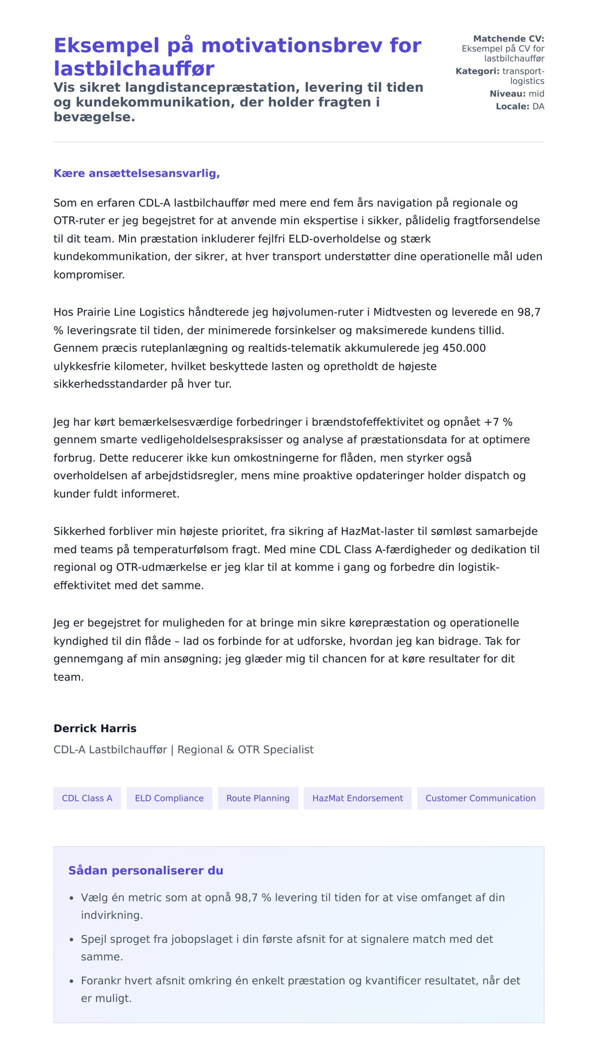 Ansøgningsbrev forhåndsvisning for Eksempel på motivationsbrev for lastbilchauffør