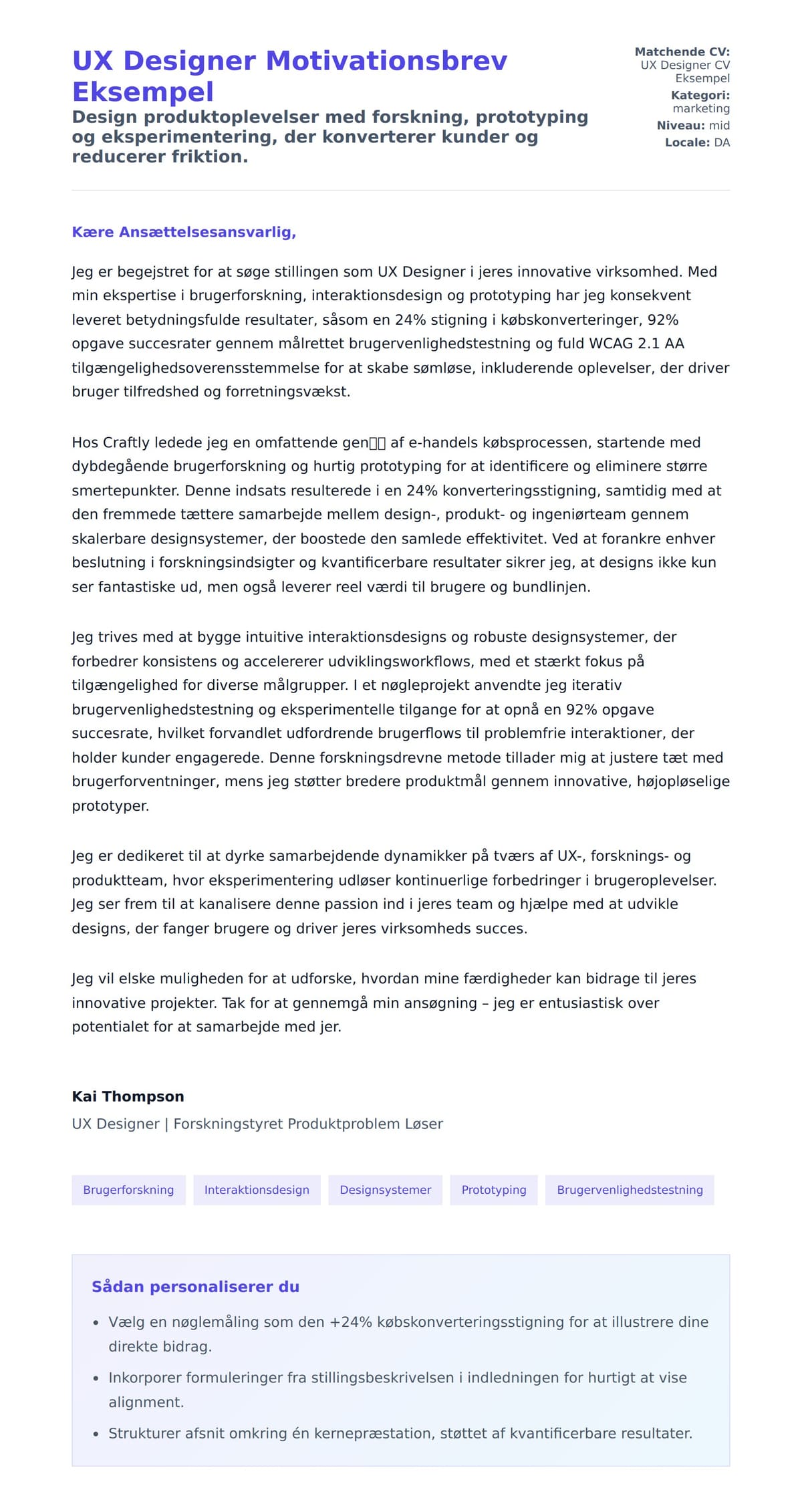 Ansøgningsbrev forhåndsvisning for UX Designer Motivationsbrev Eksempel