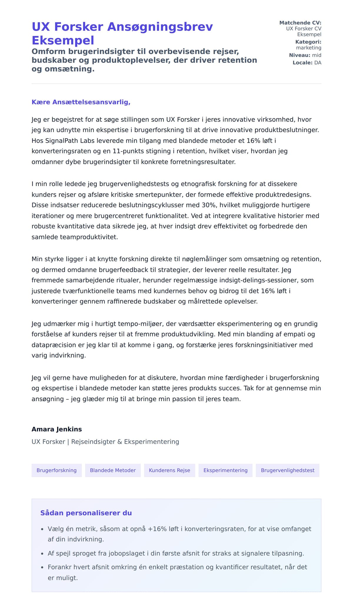 Ansøgningsbrev forhåndsvisning for UX Forsker Ansøgningsbrev Eksempel