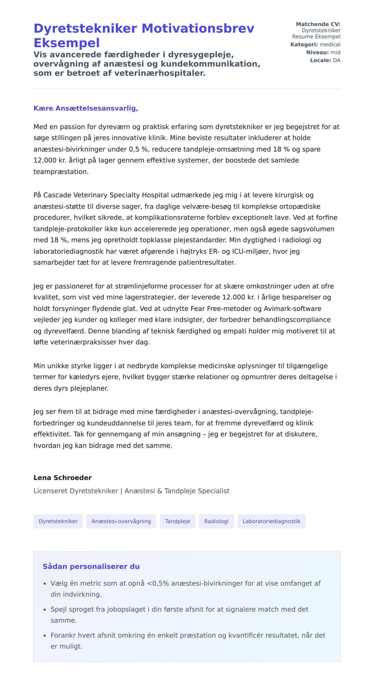 Ansøgningsbrev forhåndsvisning for Dyretstekniker Motivationsbrev Eksempel