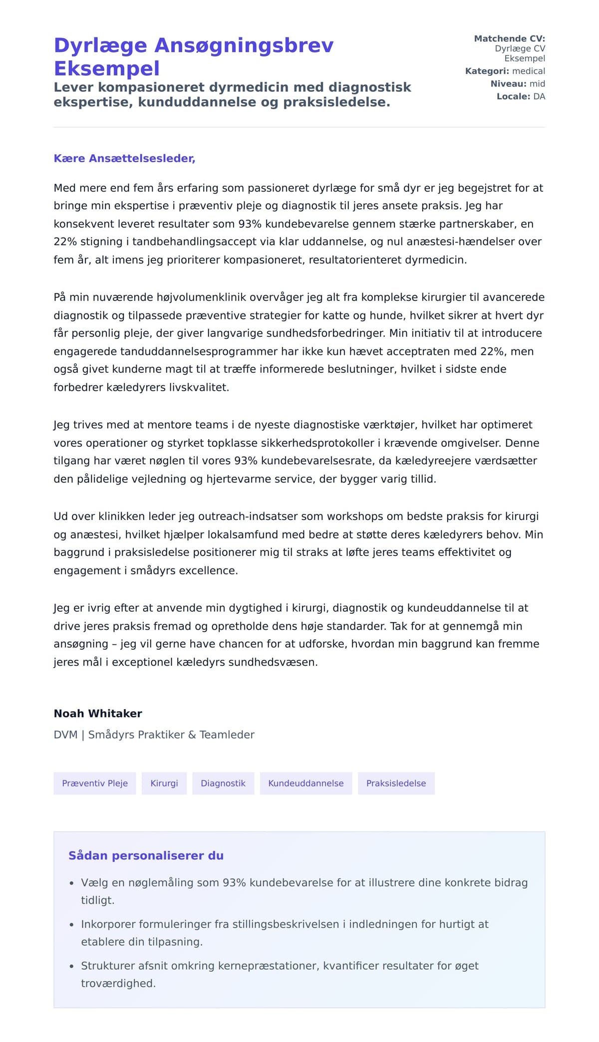 Ansøgningsbrev forhåndsvisning for Dyrlæge Ansøgningsbrev Eksempel