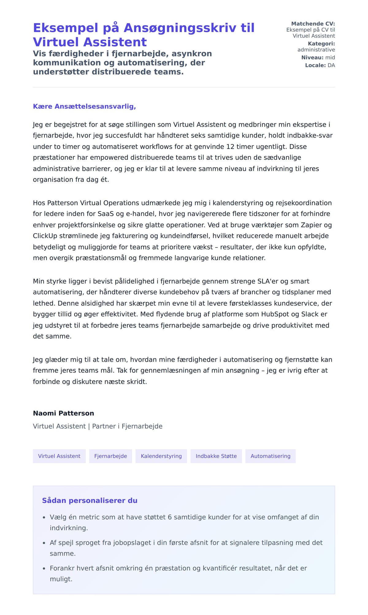 Ansøgningsbrev forhåndsvisning for Eksempel på Ansøgningsskriv til Virtuel Assistent