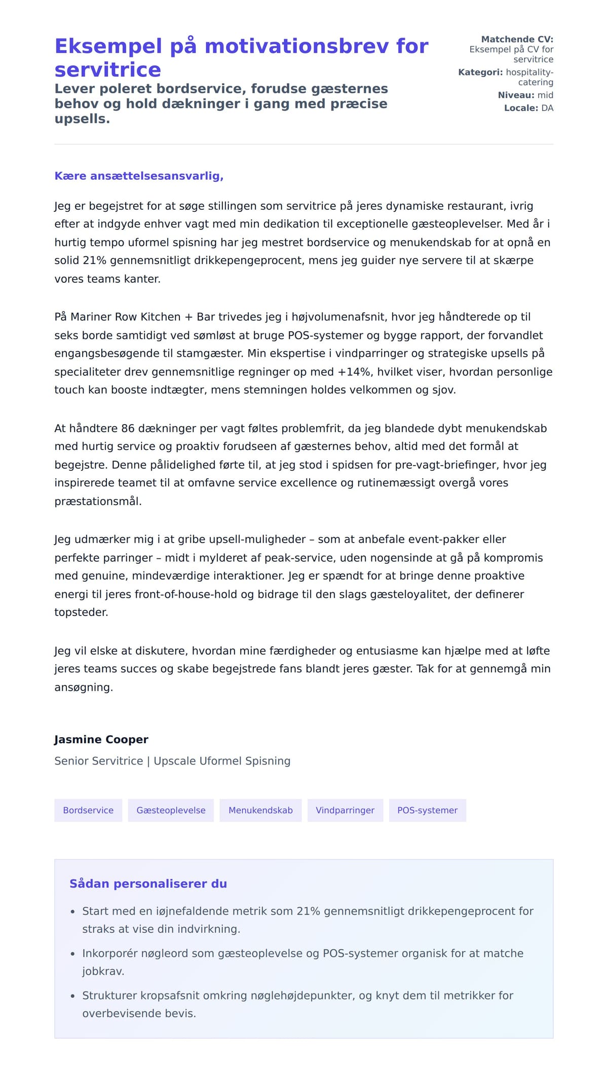 Ansøgningsbrev forhåndsvisning for Eksempel på motivationsbrev for servitrice