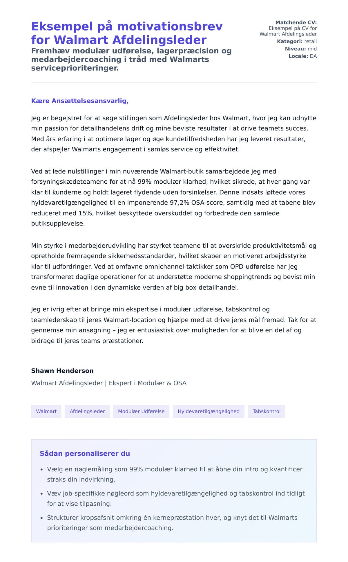 Ansøgningsbrev forhåndsvisning for Eksempel på motivationsbrev for Walmart Afdelingsleder