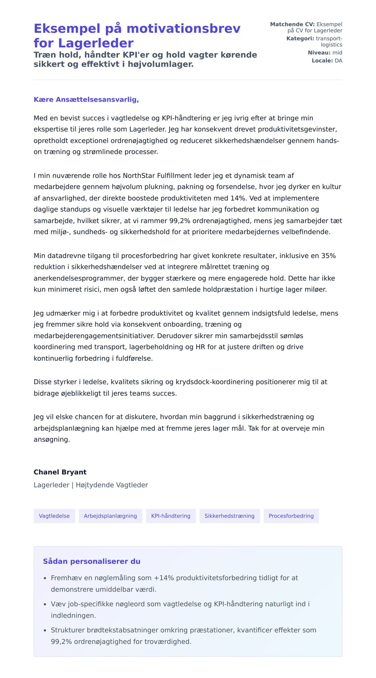 Ansøgningsbrev forhåndsvisning for Eksempel på motivationsbrev for Lagerleder