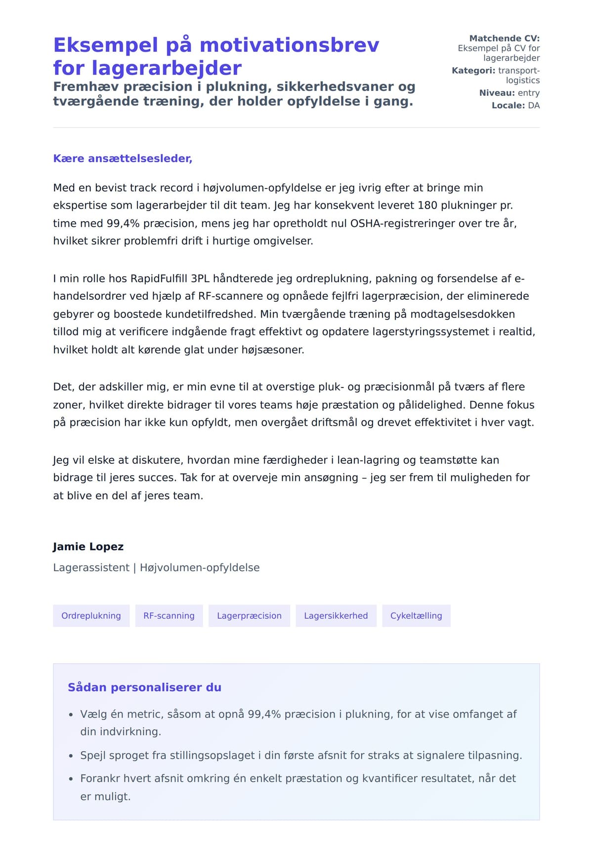 Ansøgningsbrev forhåndsvisning for Eksempel på motivationsbrev for lagerarbejder