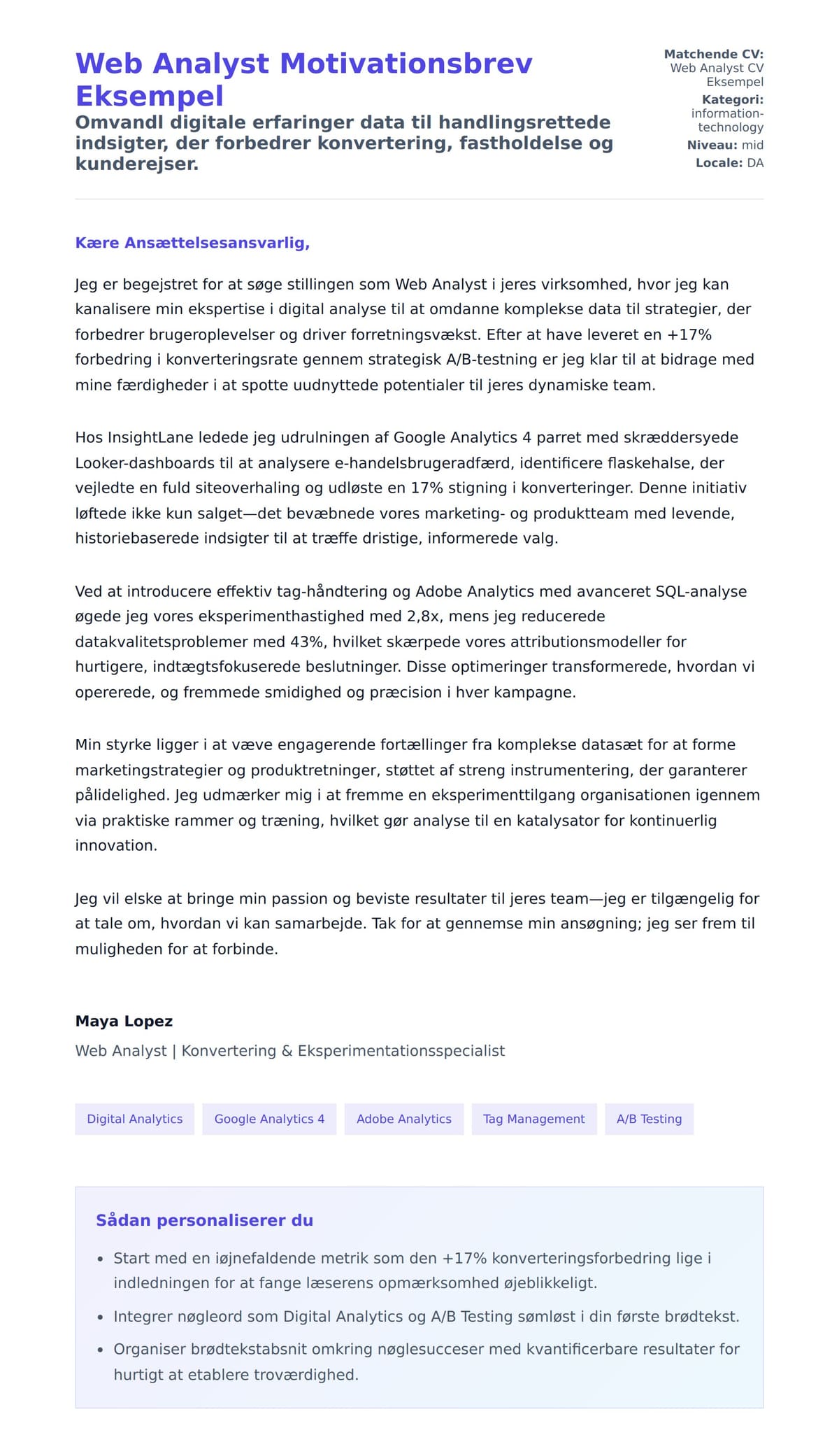 Ansøgningsbrev forhåndsvisning for Web Analyst Motivationsbrev Eksempel