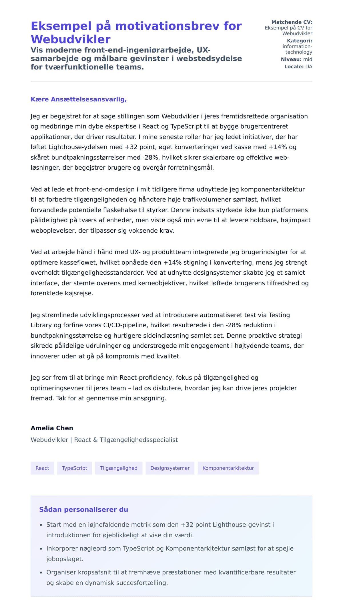 Ansøgningsbrev forhåndsvisning for Eksempel på motivationsbrev for Webudvikler