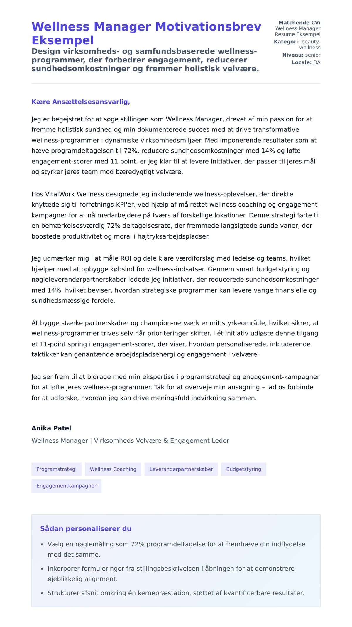 Ansøgningsbrev forhåndsvisning for Wellness Manager Motivationsbrev Eksempel