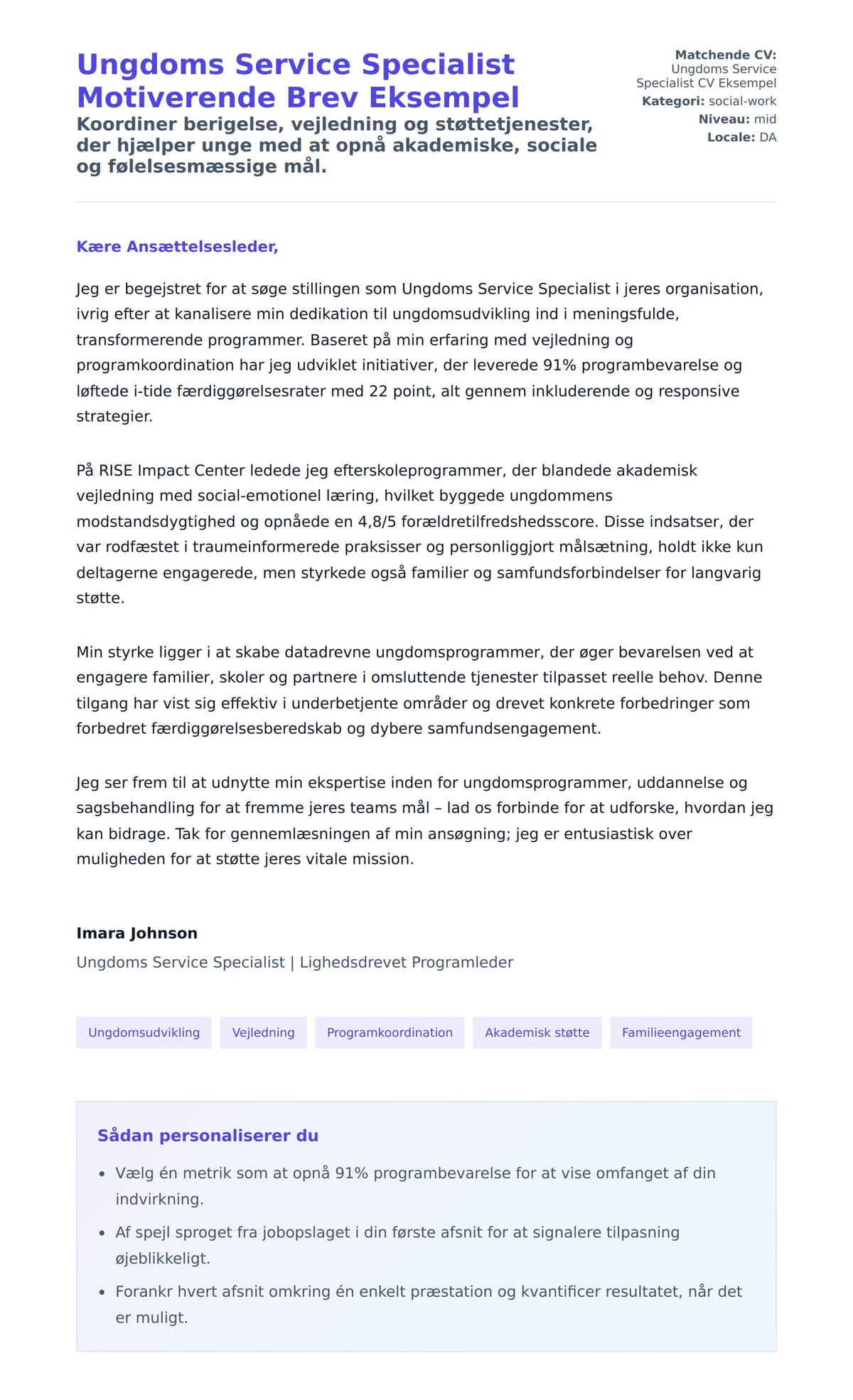 Ansøgningsbrev forhåndsvisning for Ungdoms Service Specialist Motiverende Brev Eksempel