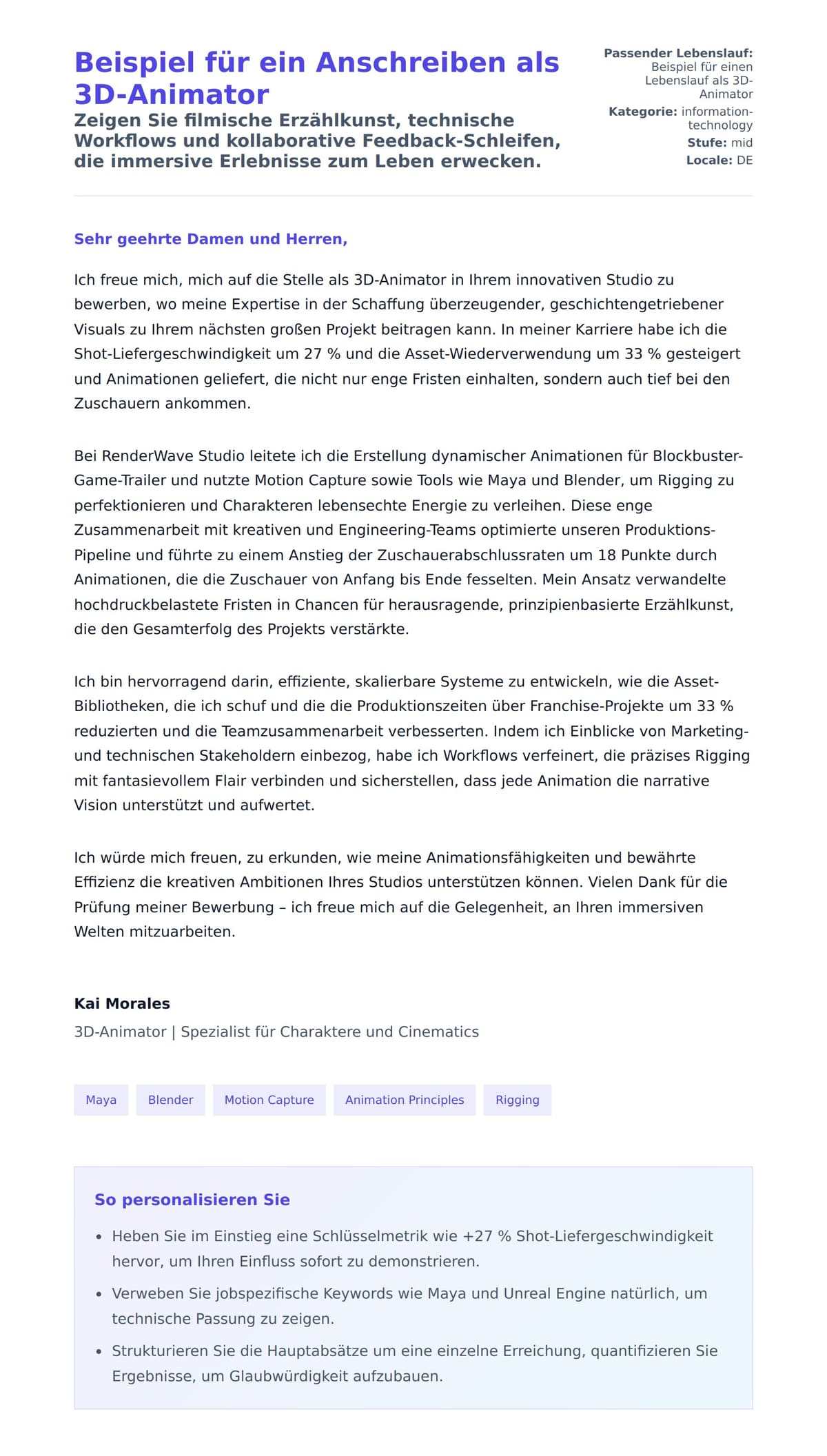 Anschreiben‑Vorschau für Beispiel für ein Anschreiben als 3D-Animator