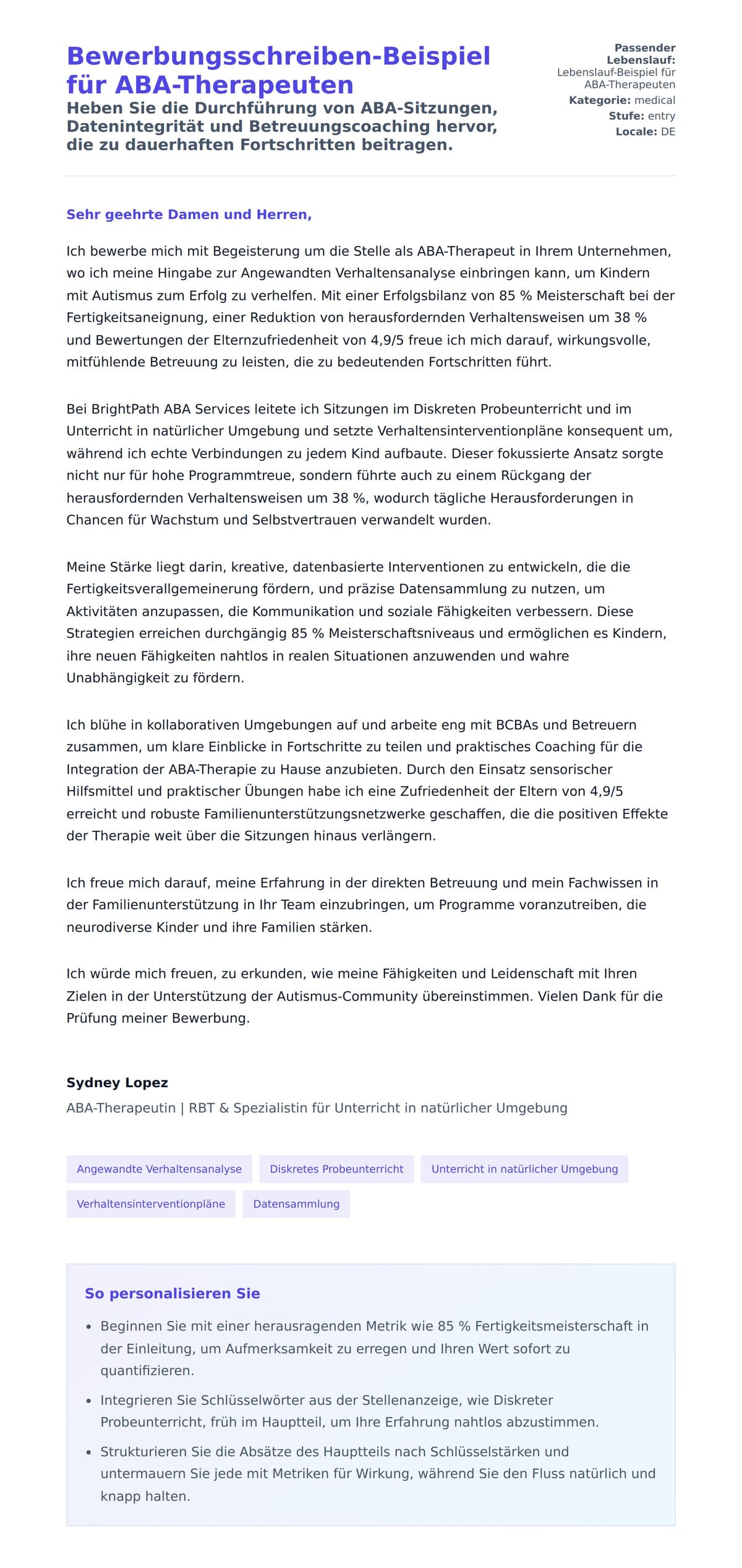 Anschreiben‑Vorschau für Bewerbungsschreiben-Beispiel für ABA-Therapeuten