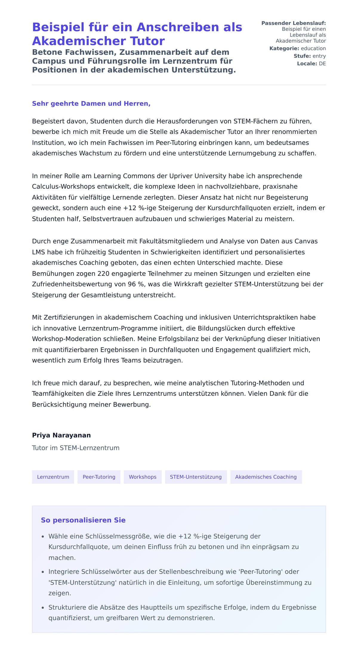Anschreiben‑Vorschau für Beispiel für ein Anschreiben als Akademischer Tutor