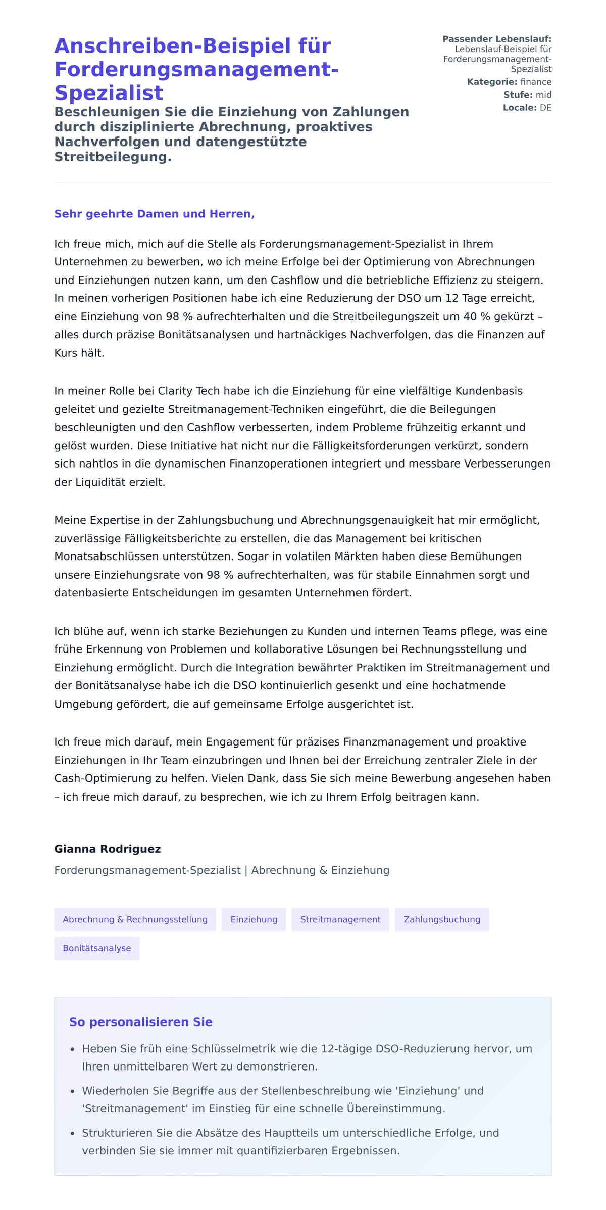 Anschreiben‑Vorschau für Anschreiben-Beispiel für Forderungsmanagement-Spezialist