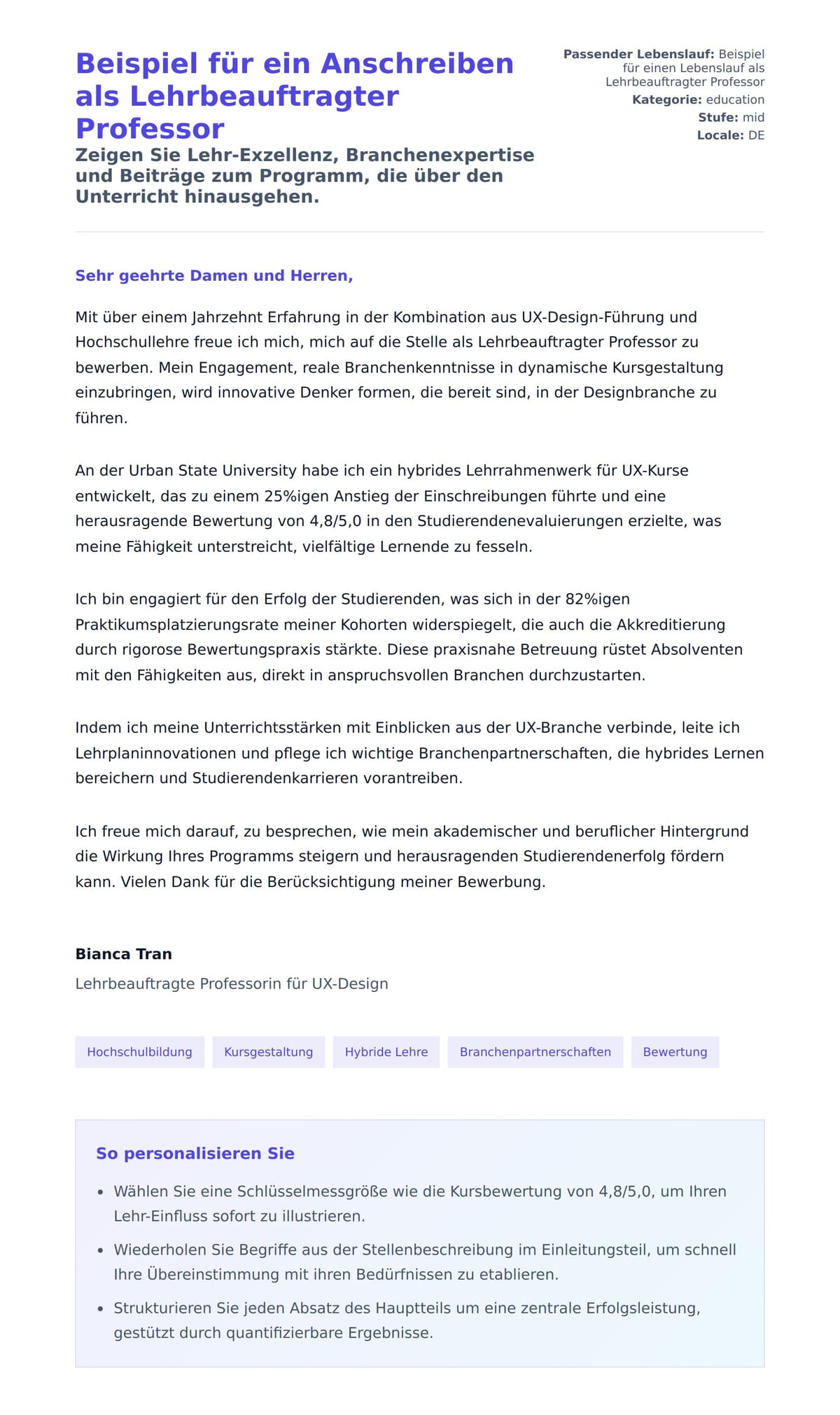 Anschreiben‑Vorschau für Beispiel für ein Anschreiben als Lehrbeauftragter Professor