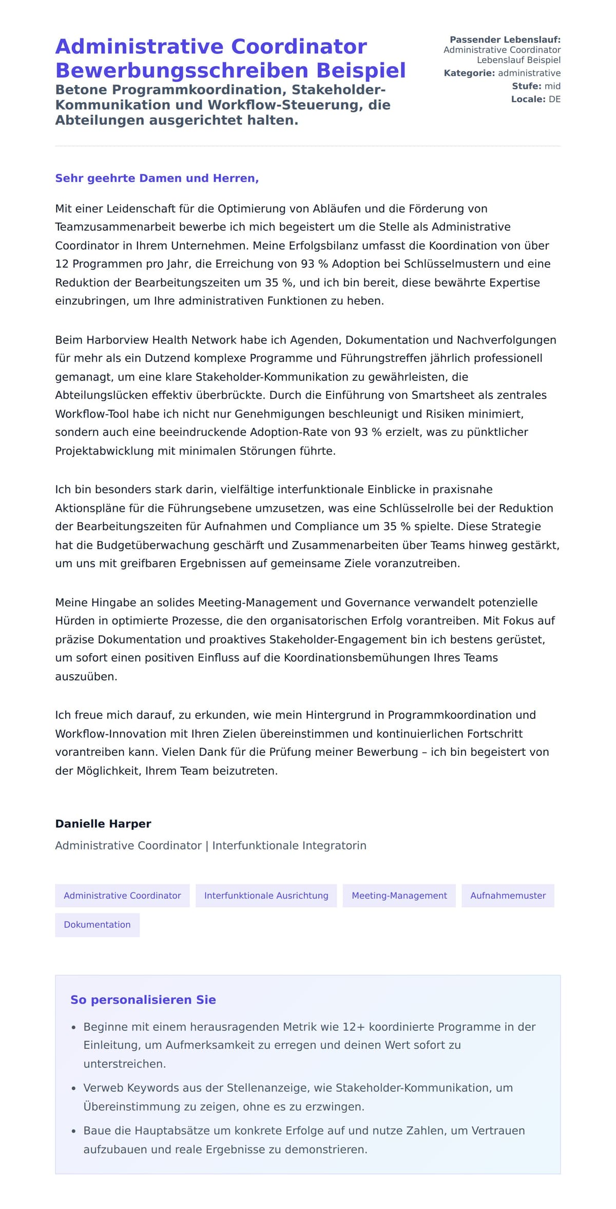 Anschreiben‑Vorschau für Administrative Coordinator Bewerbungsschreiben Beispiel