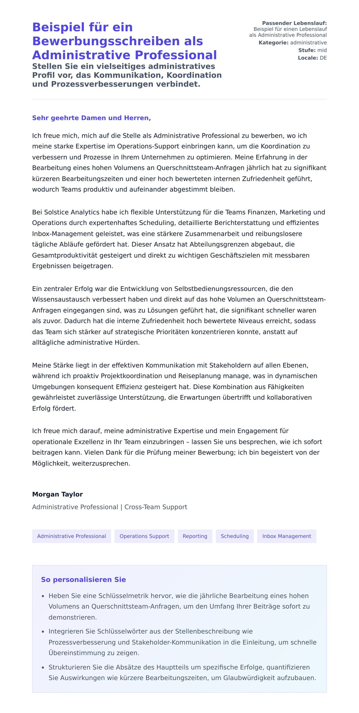 Anschreiben‑Vorschau für Beispiel für ein Bewerbungsschreiben als Administrative Professional