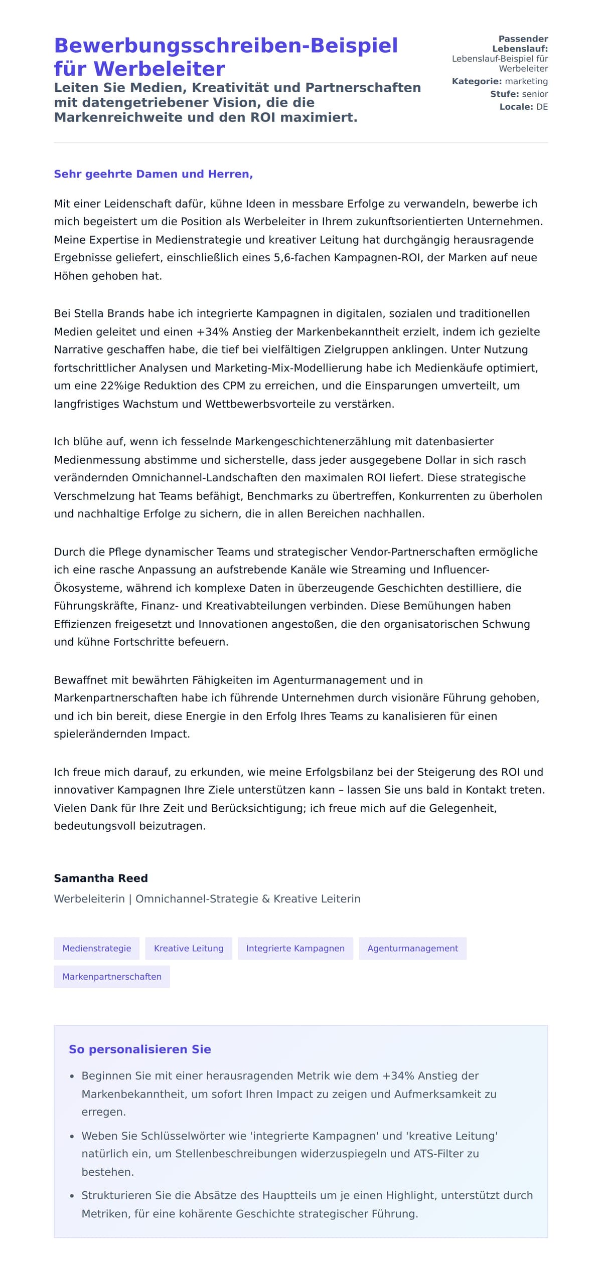 Anschreiben‑Vorschau für Bewerbungsschreiben-Beispiel für Werbeleiter