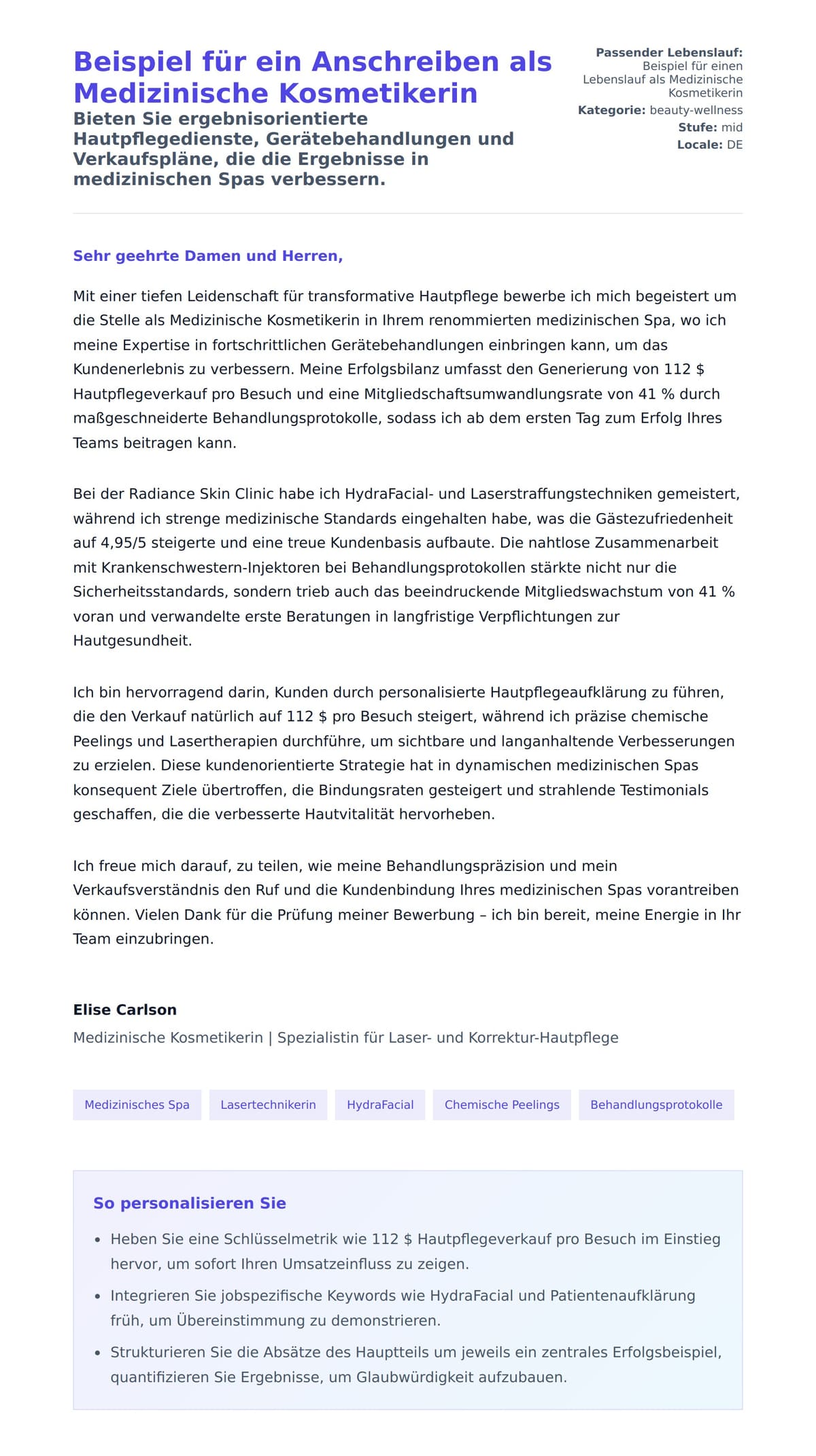 Anschreiben‑Vorschau für Beispiel für ein Anschreiben als Medizinische Kosmetikerin