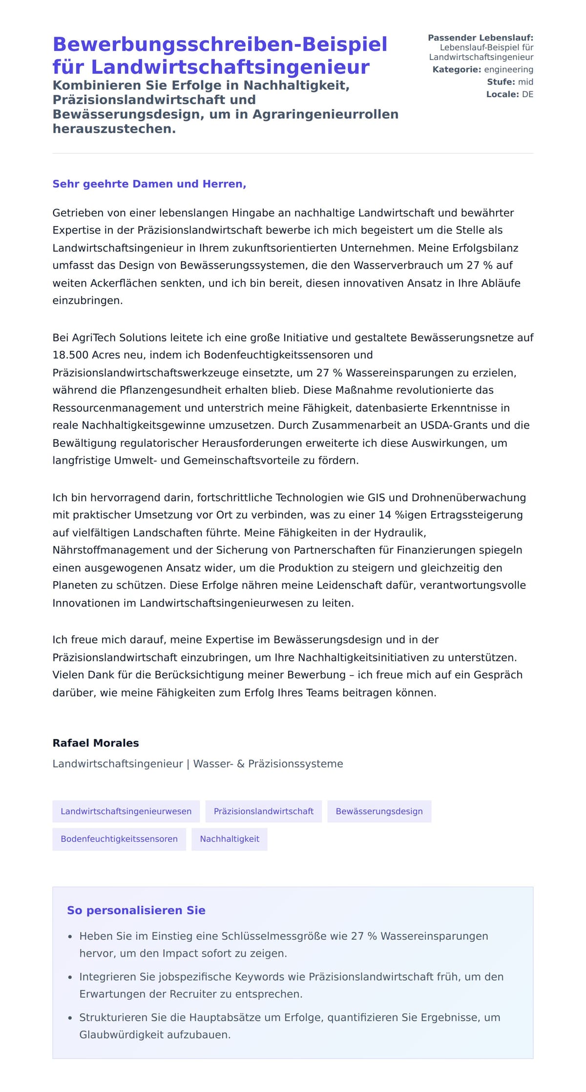 Anschreiben‑Vorschau für Bewerbungsschreiben-Beispiel für Landwirtschaftsingenieur