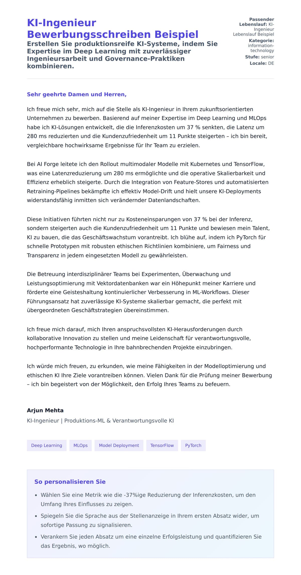 Anschreiben‑Vorschau für KI-Ingenieur Bewerbungsschreiben Beispiel
