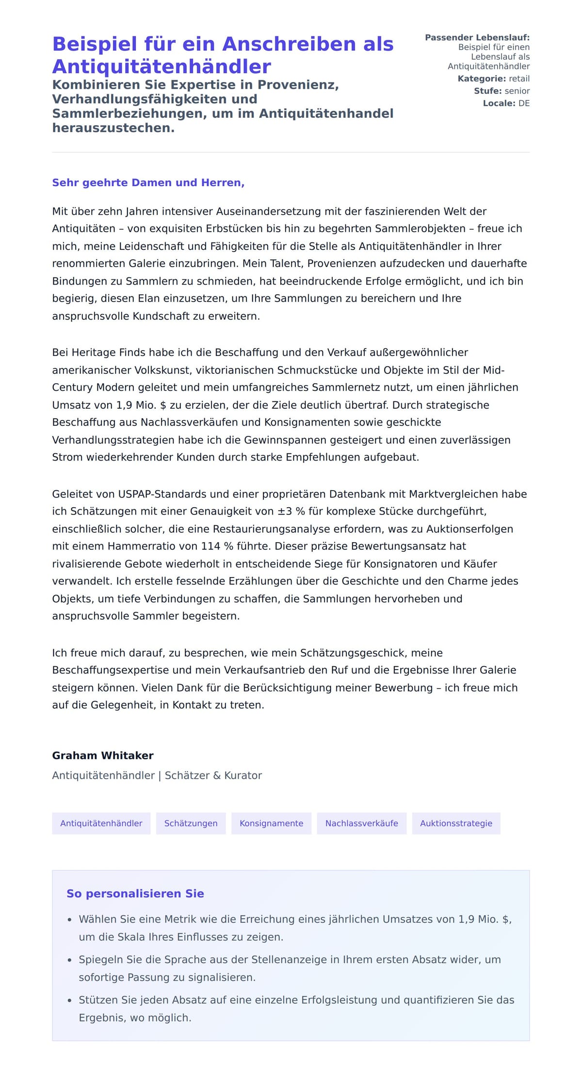 Anschreiben‑Vorschau für Beispiel für ein Anschreiben als Antiquitätenhändler