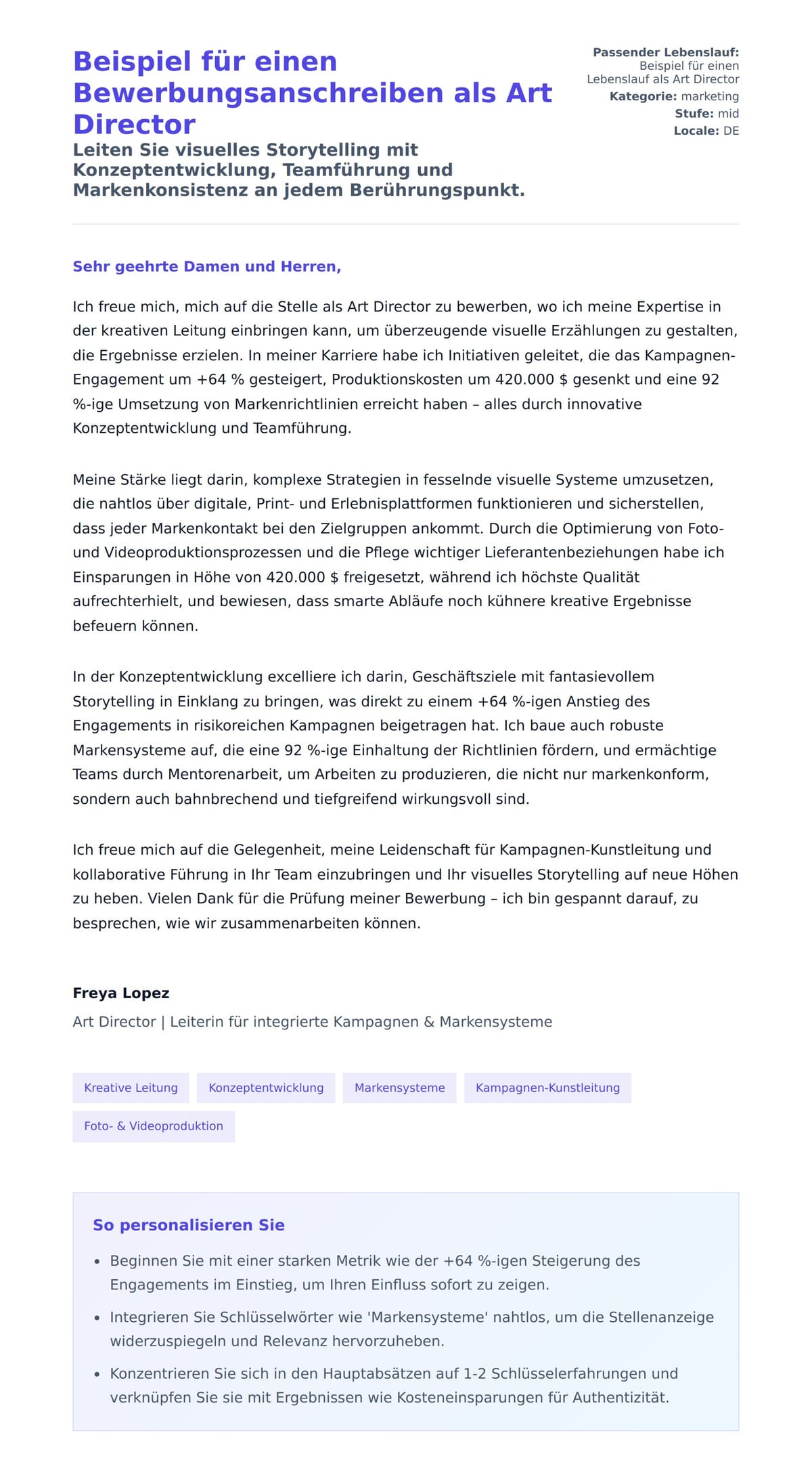 Anschreiben‑Vorschau für Beispiel für einen Bewerbungsanschreiben als Art Director