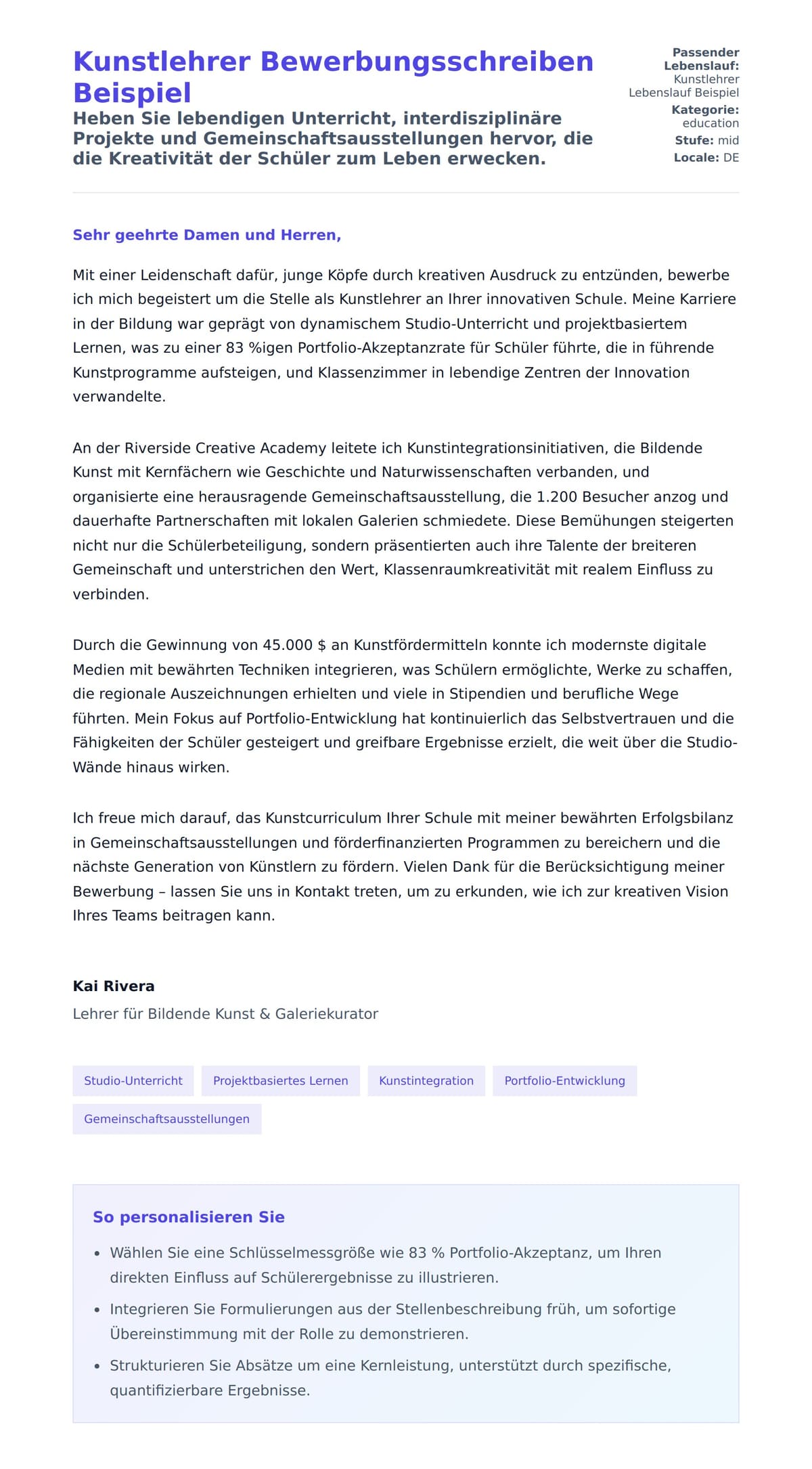 Anschreiben‑Vorschau für Kunstlehrer Bewerbungsschreiben Beispiel