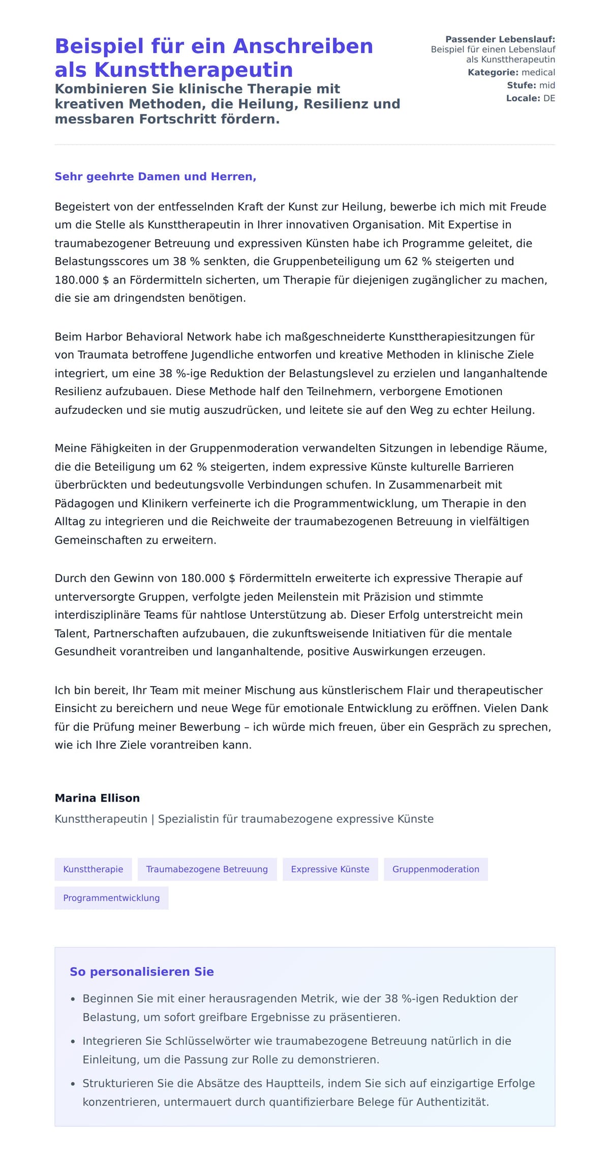 Anschreiben‑Vorschau für Beispiel für ein Anschreiben als Kunsttherapeutin