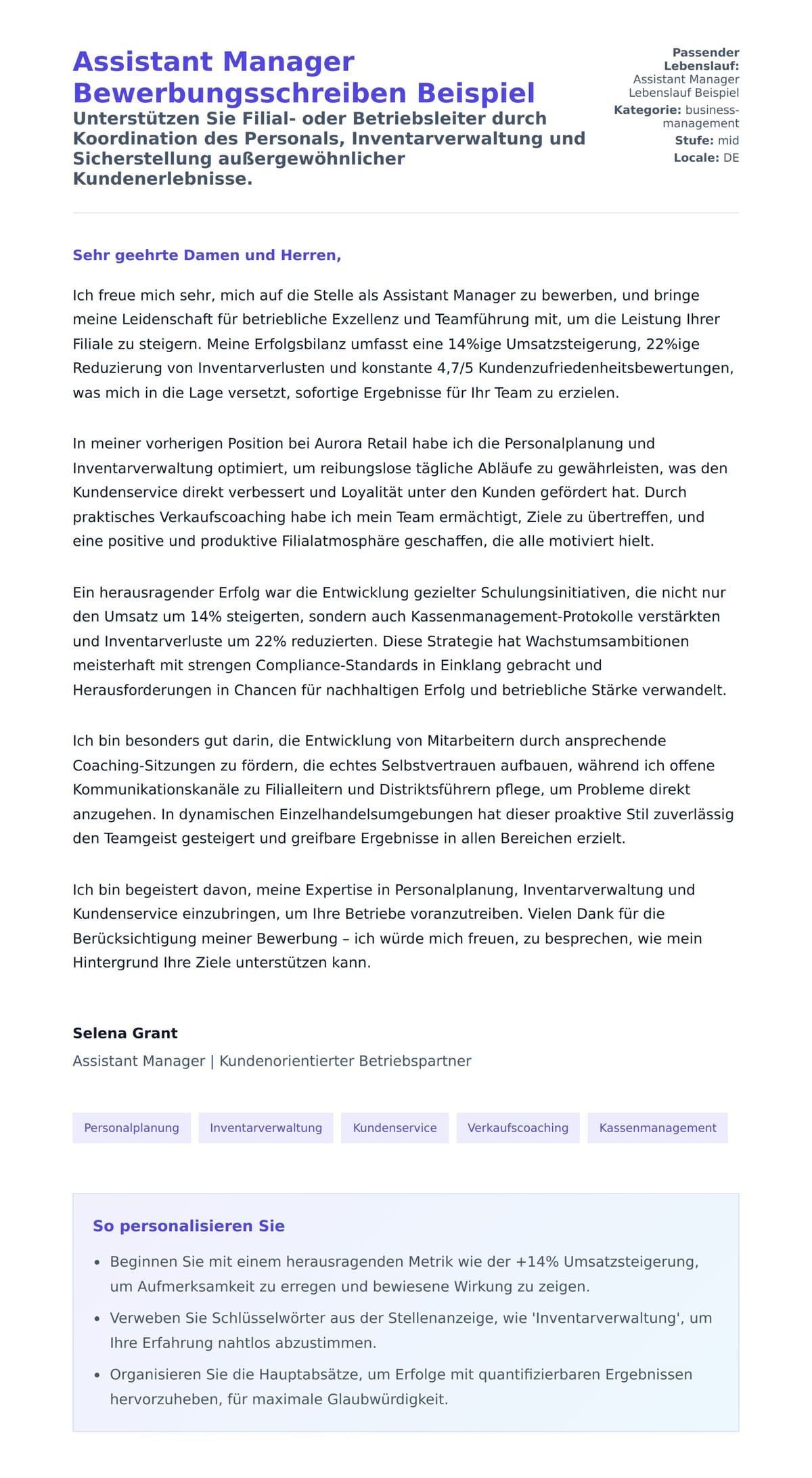 Anschreiben‑Vorschau für Assistant Manager Bewerbungsschreiben Beispiel