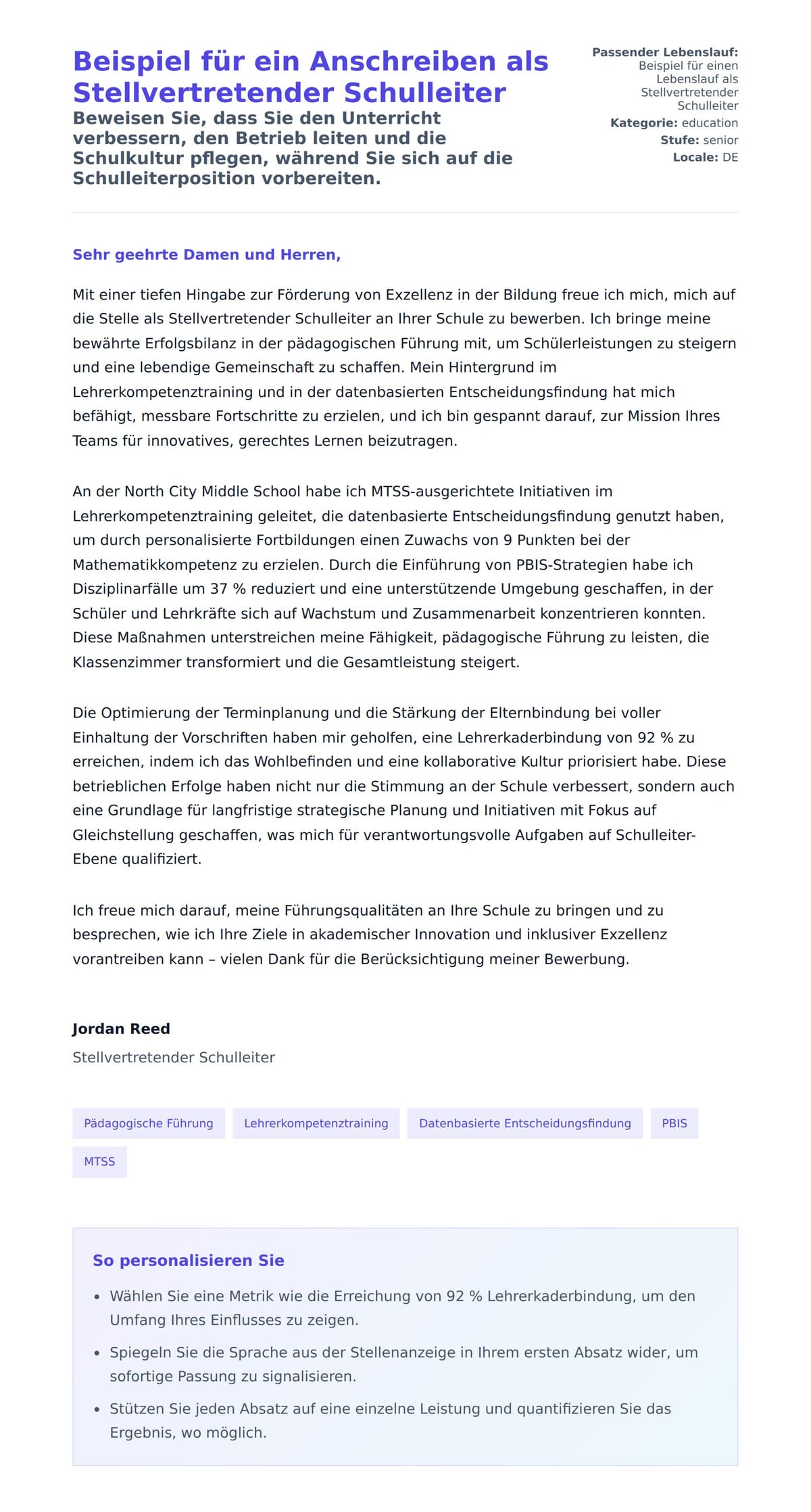 Anschreiben‑Vorschau für Beispiel für ein Anschreiben als Stellvertretender Schulleiter