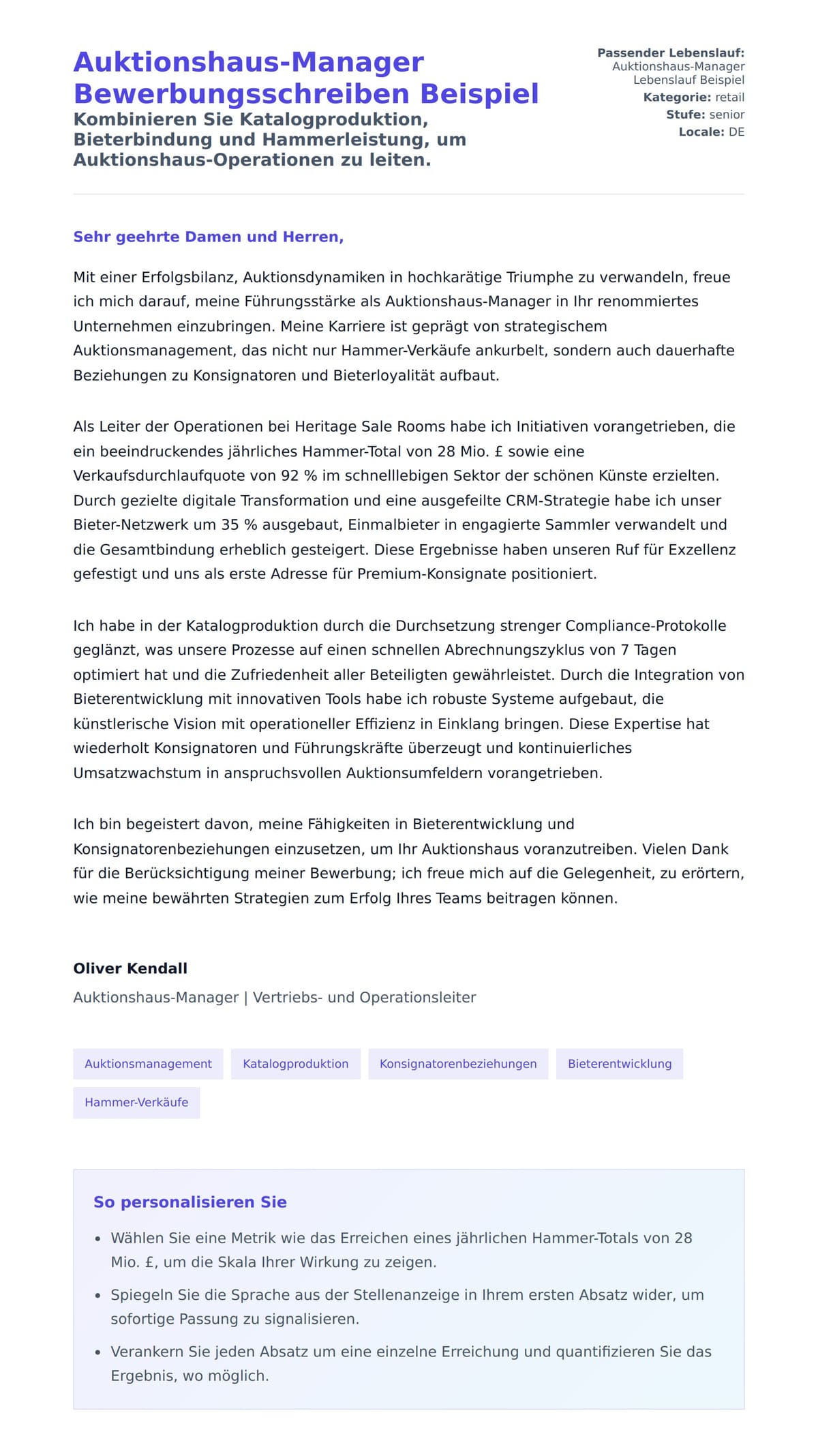 Anschreiben‑Vorschau für Auktionshaus-Manager Bewerbungsschreiben Beispiel