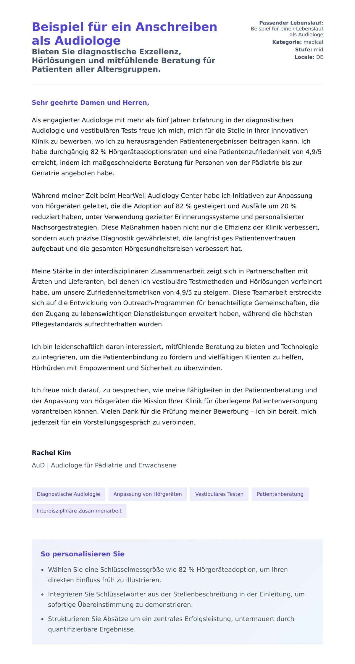 Anschreiben‑Vorschau für Beispiel für ein Anschreiben als Audiologe